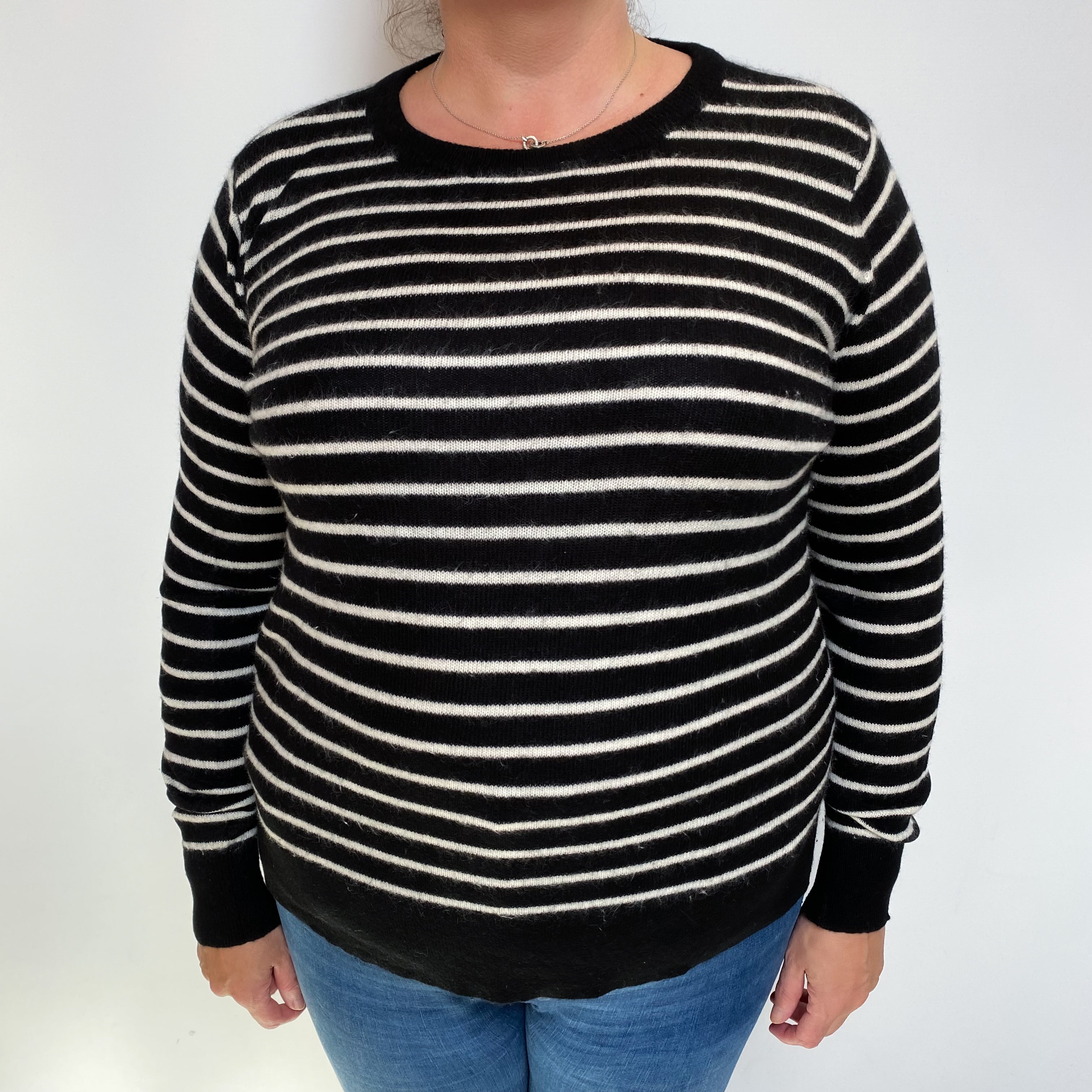 Black and White Stripe Cashmere Crew Neck Jumper Extra Large