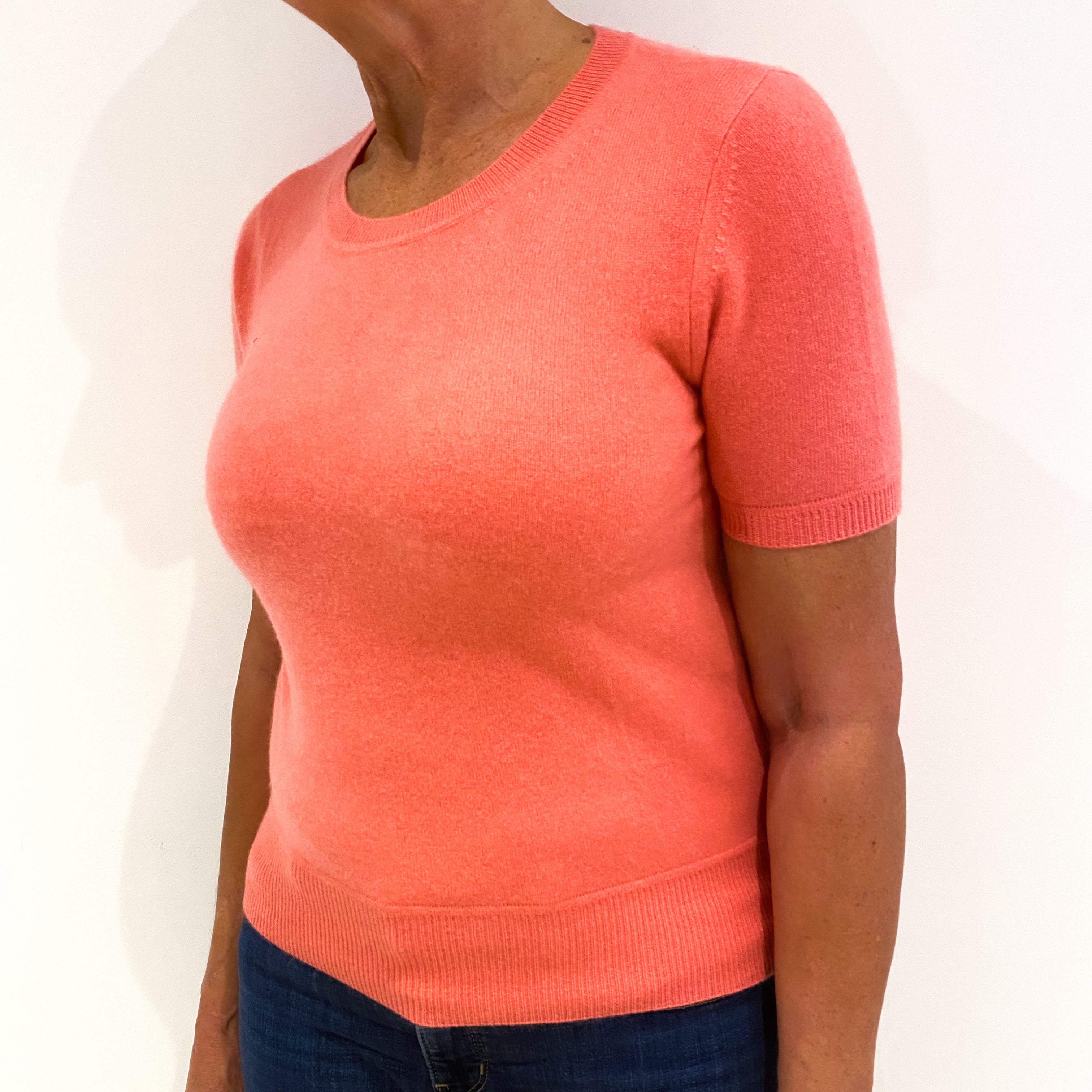 Coral Pink Short Sleeved Cashmere Crew Neck Jumper Medium