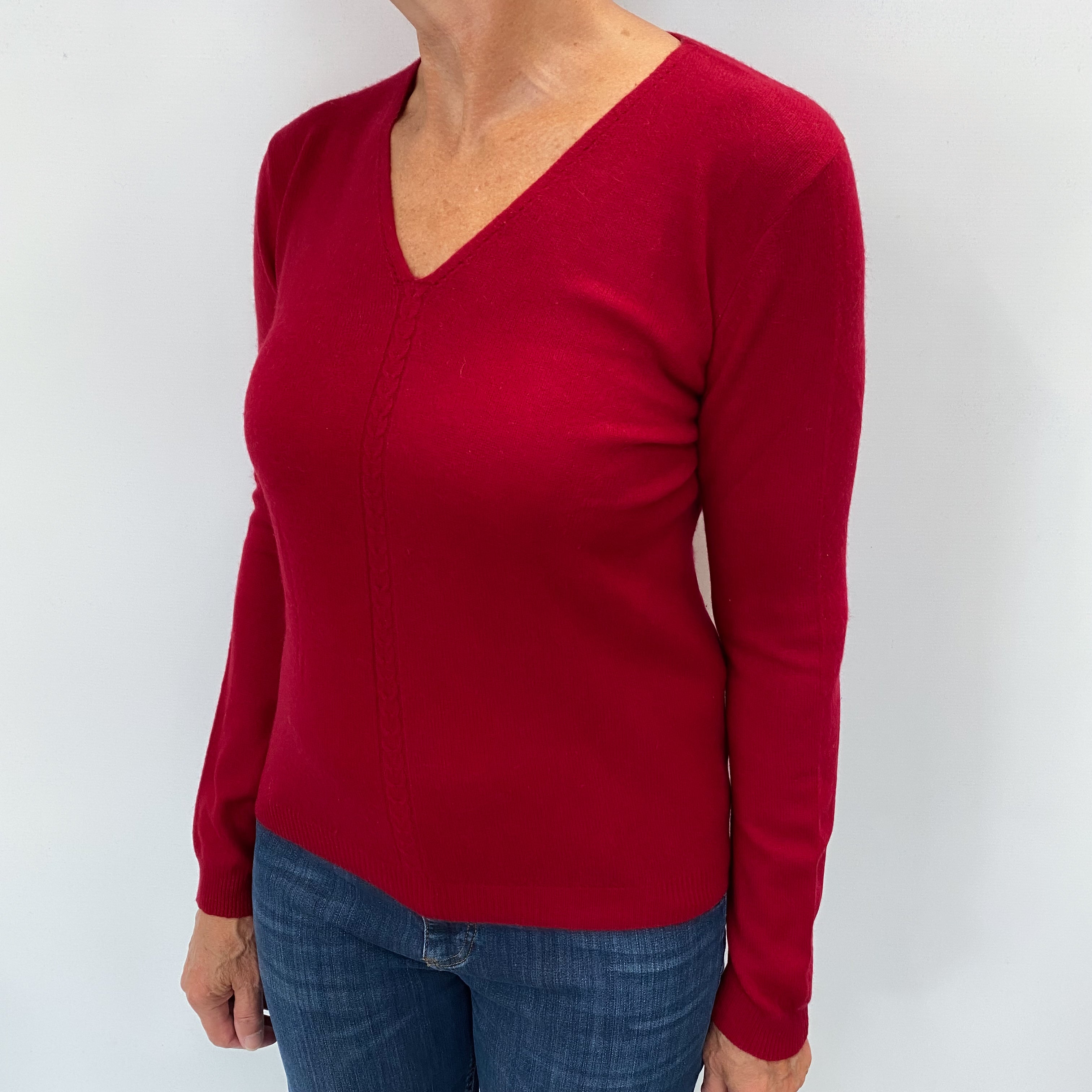 Crimson Red Cashmere V Neck Jumper Medium