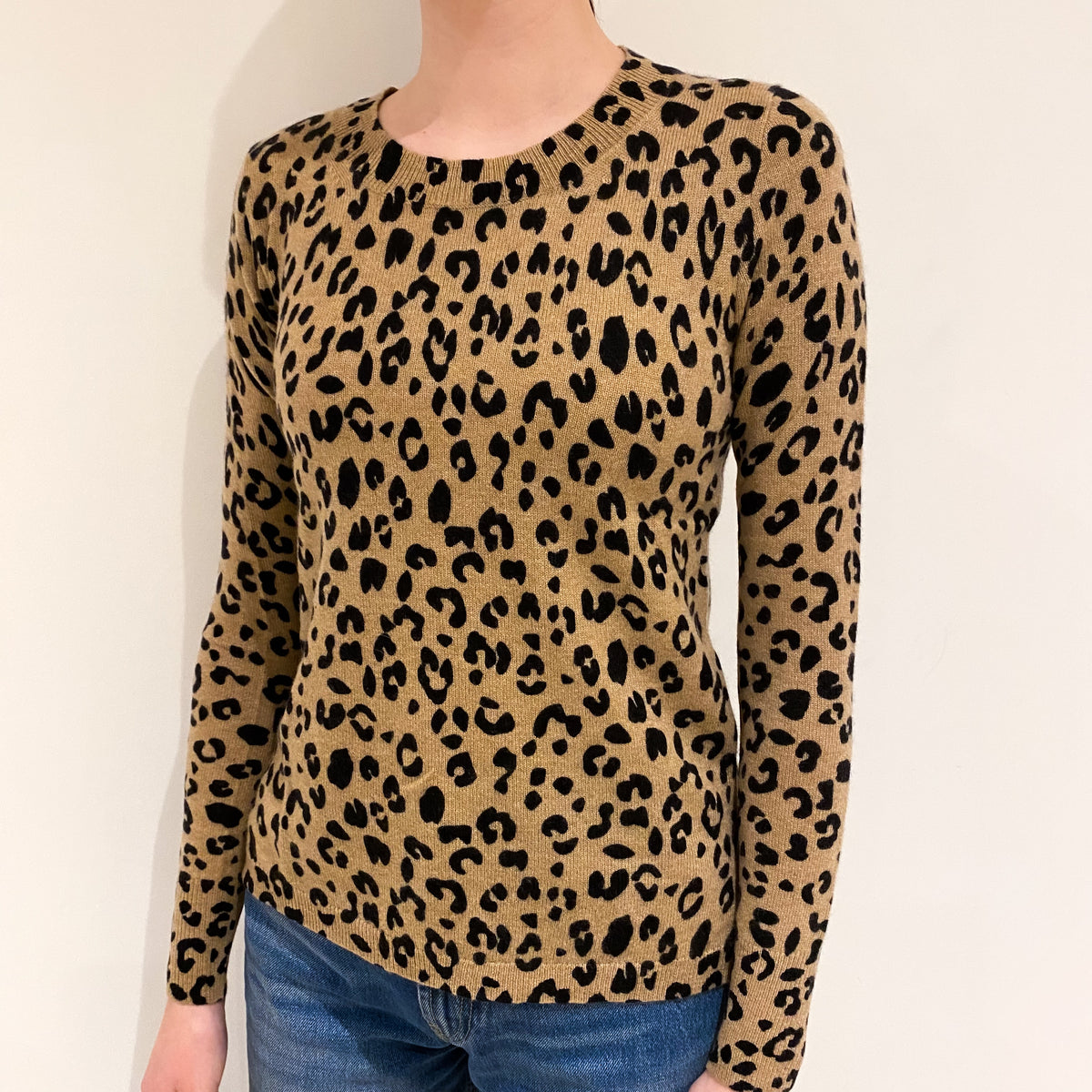 Camel and Black Leopard Cashmere Crew Neck Jumper Extra Small