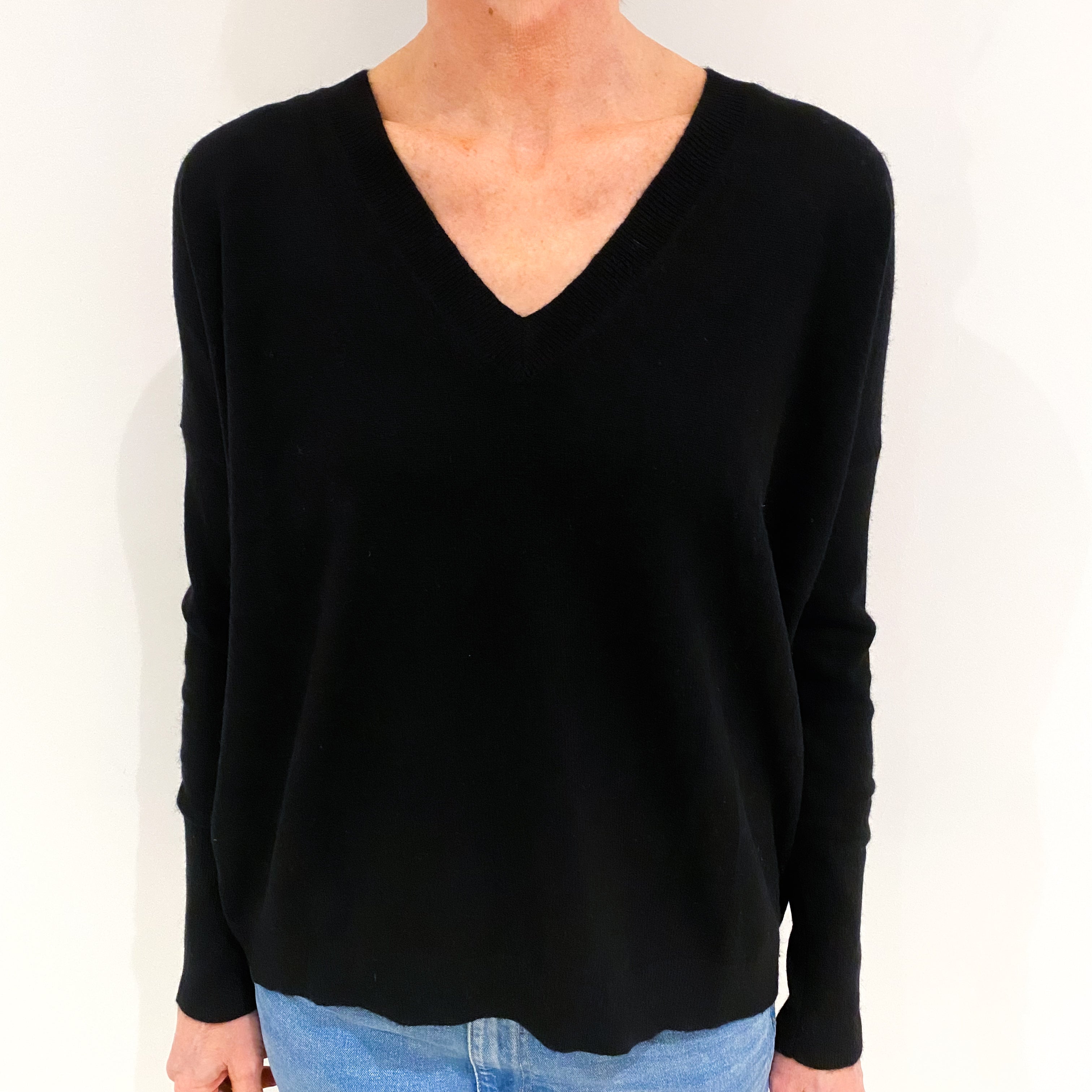 Black Boxy Cashmere V Neck Jumper Small