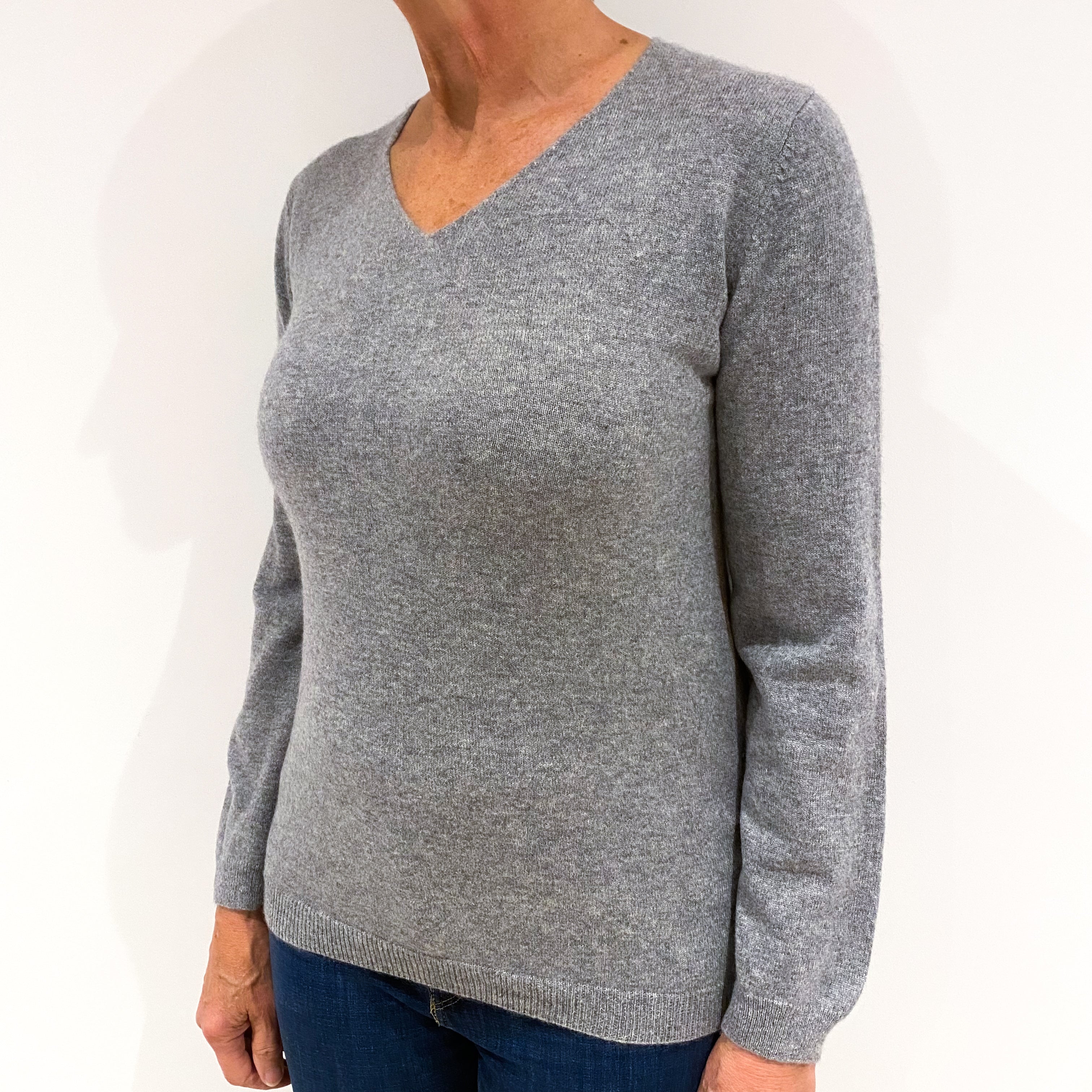 Smoke Grey Cashmere V-Neck Jumper Medium