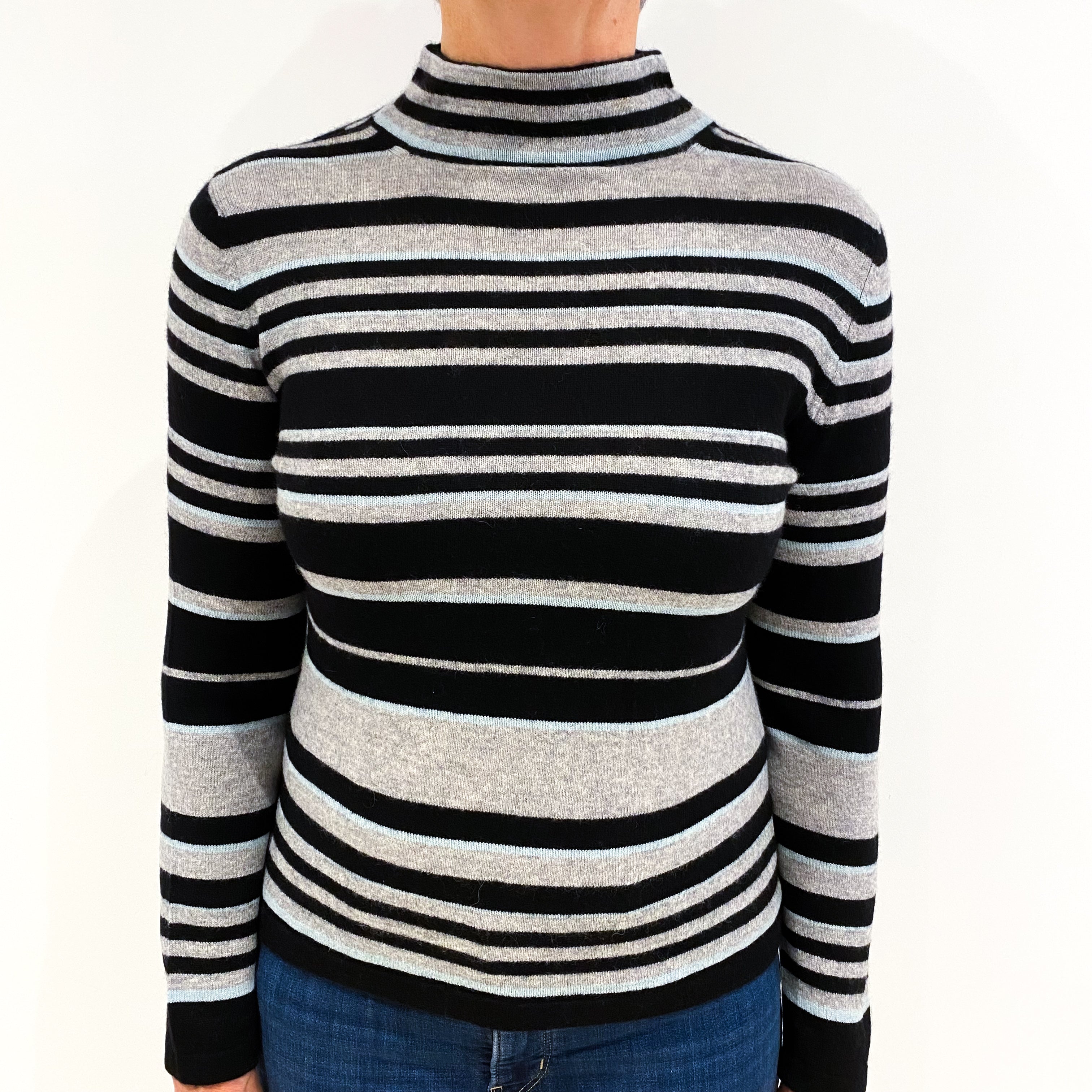 Black Grey and Mint Striped Cashmere Funnel Neck Jumper Medium