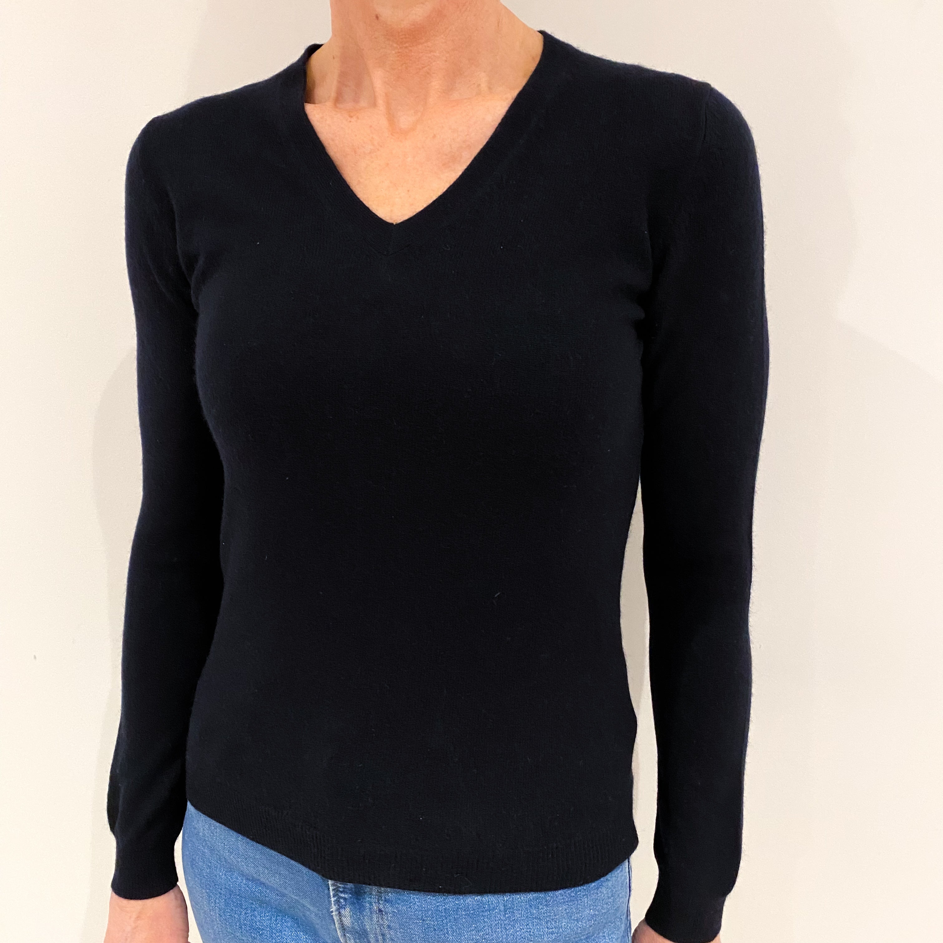 Darkest Navy Cashmere V Neck Jumper Small