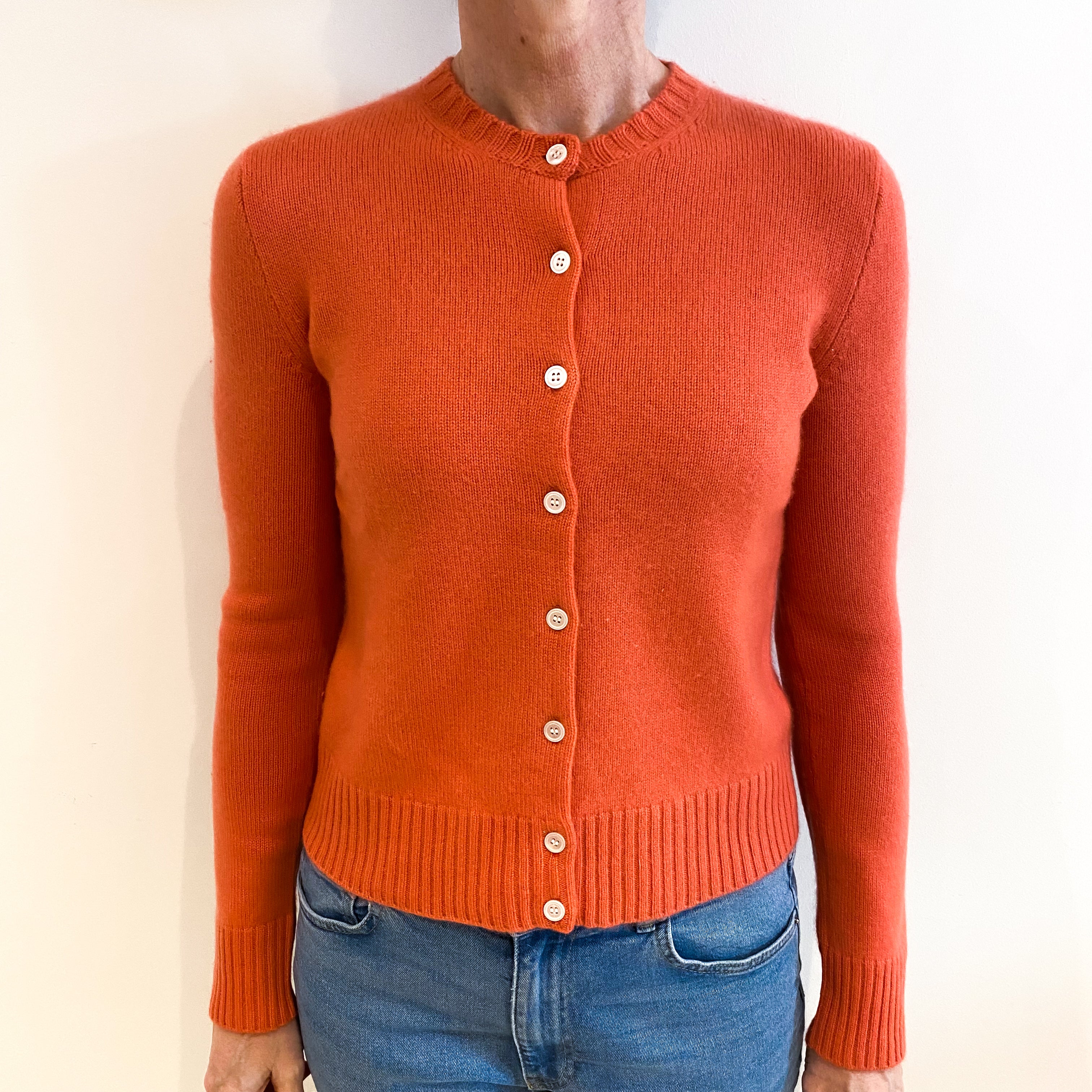 Coral Orange Cashmere Crew Neck Cardigan Small