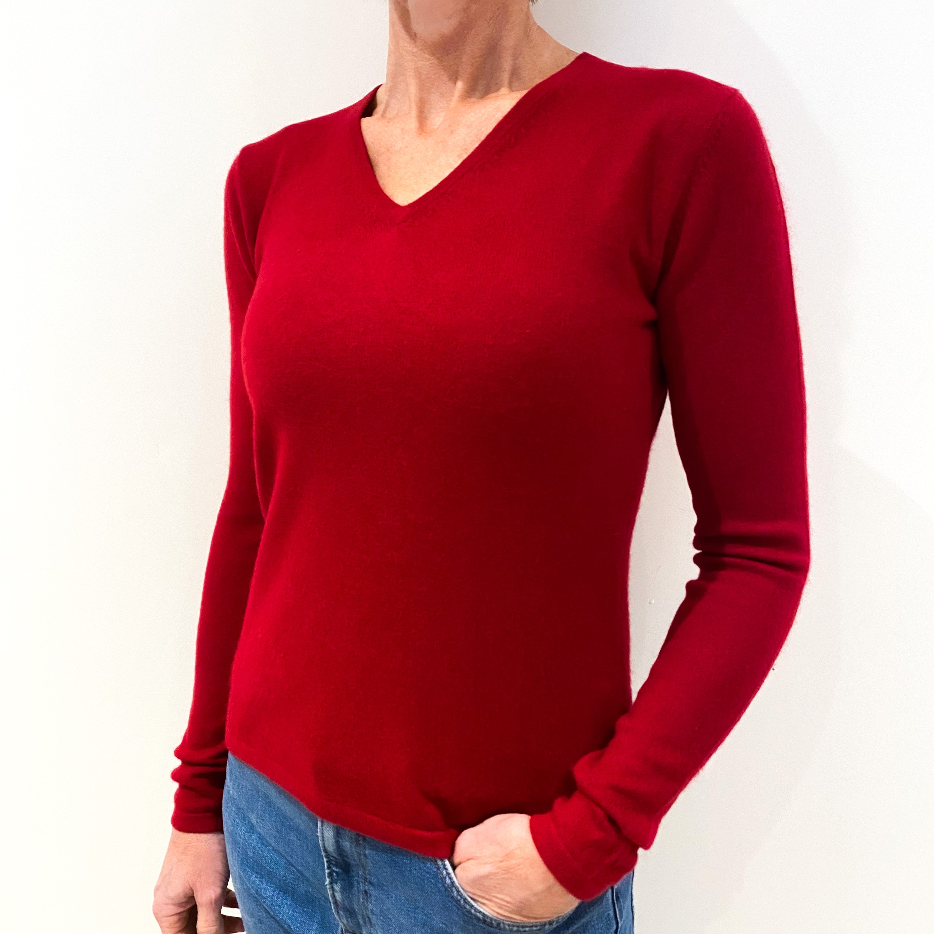 Crimson Red Cashmere V-Neck Jumper Small