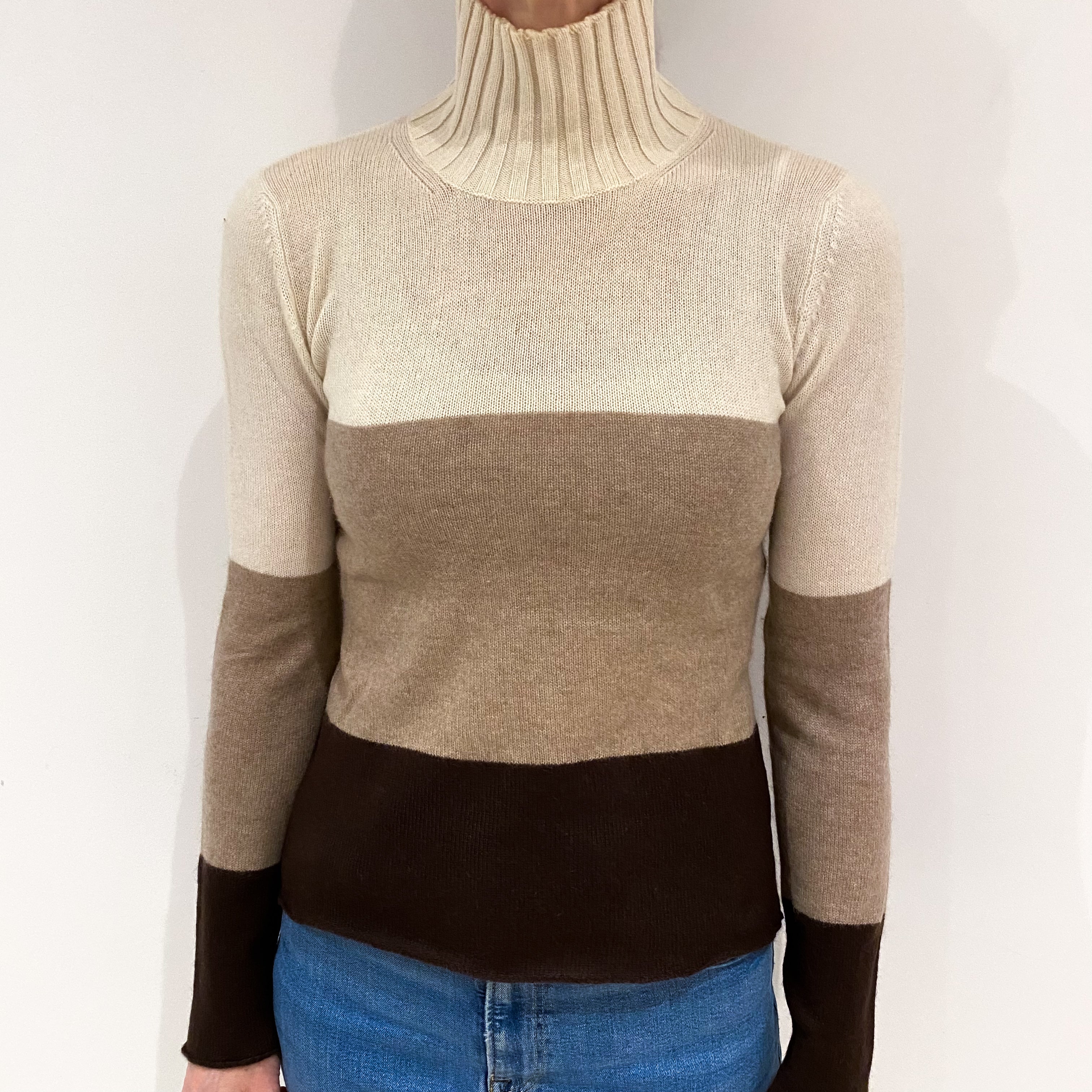 Colour Block Cashmere Funnel Neck Jumper Small
