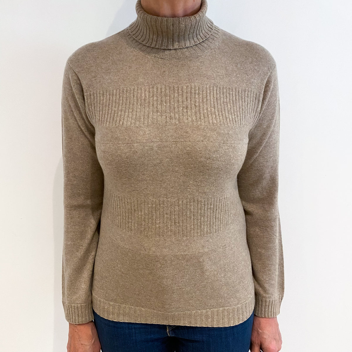 Mink Brown Rib Detail Cashmere Polo Neck Jumper Medium