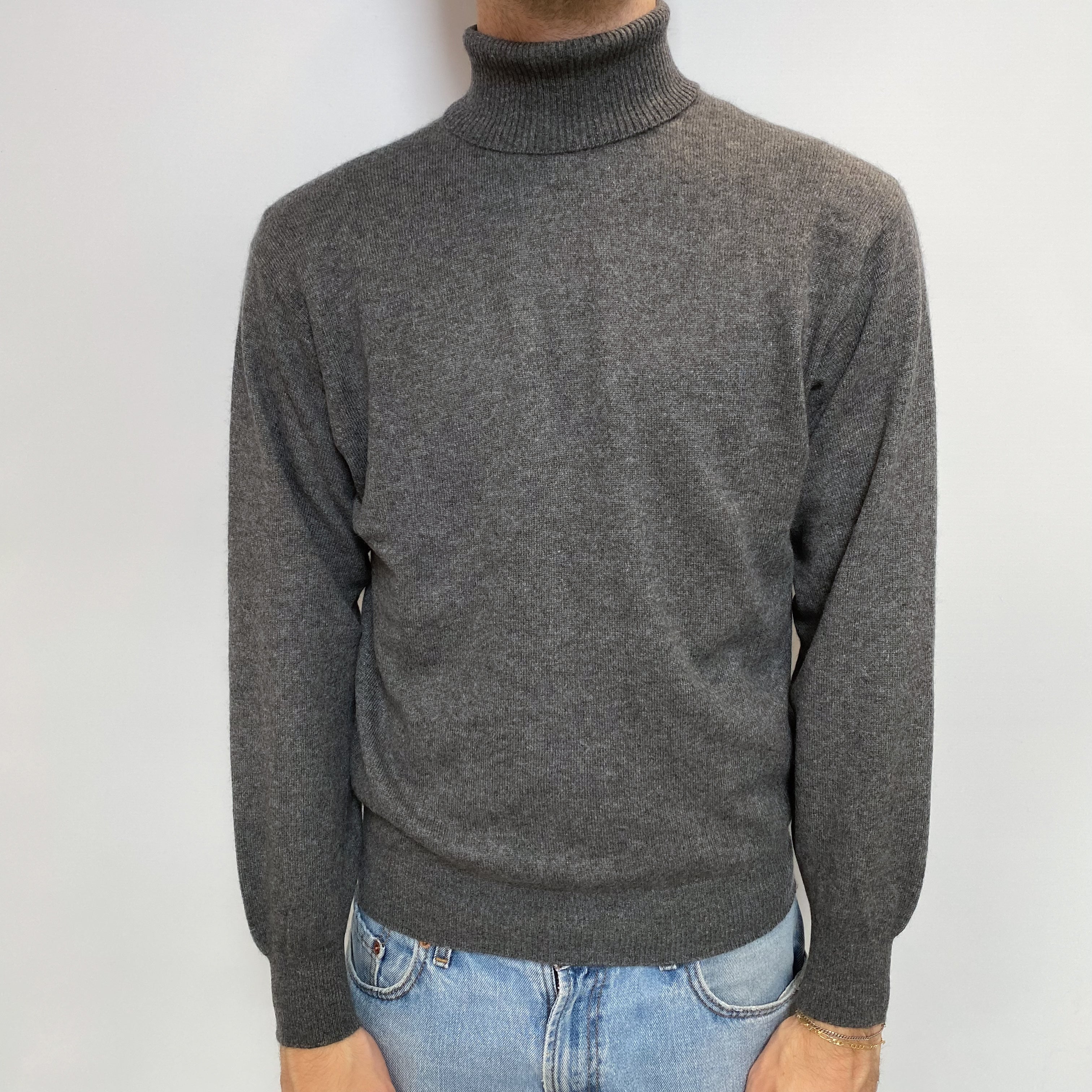 Men's Slate Grey Cashmere Polo Neck Jumper Large