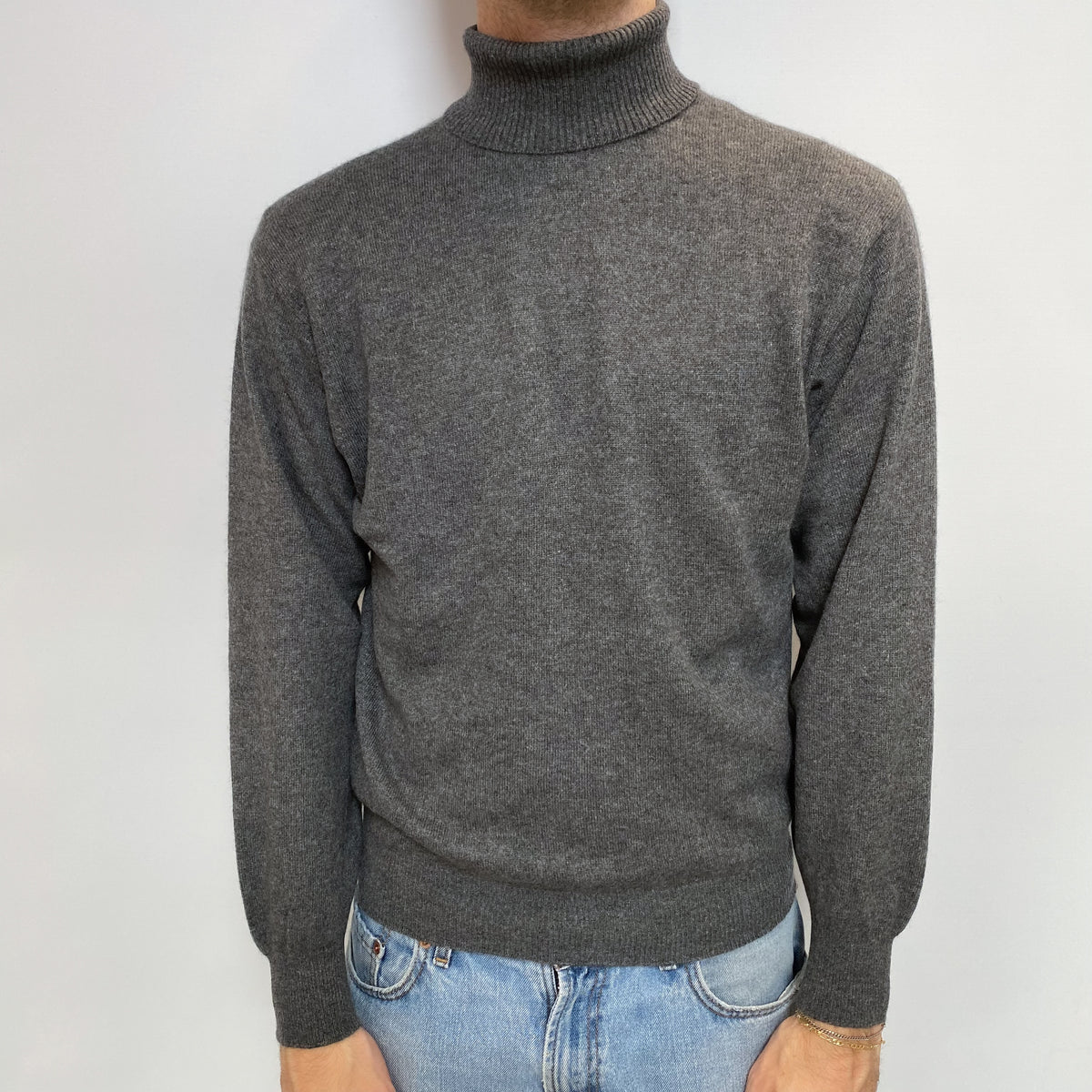 Men's Slate Grey Cashmere Polo Neck Jumper Large
