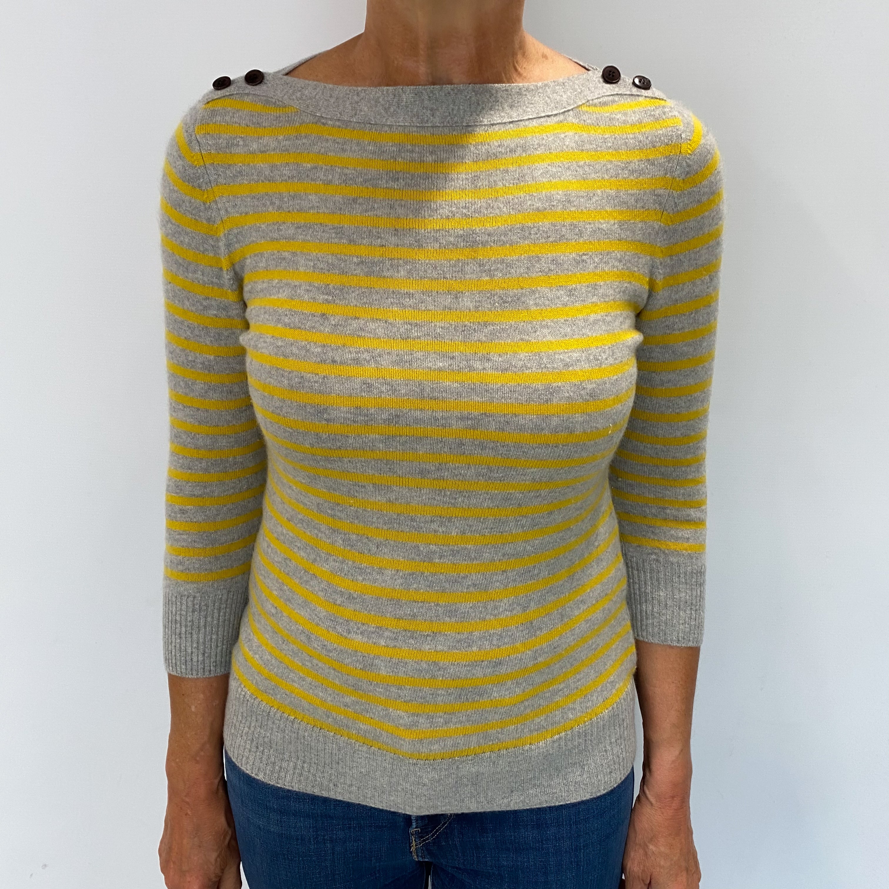 Smoke Grey And Yellow Striped Cashmere Boat Neck Jumper Medium