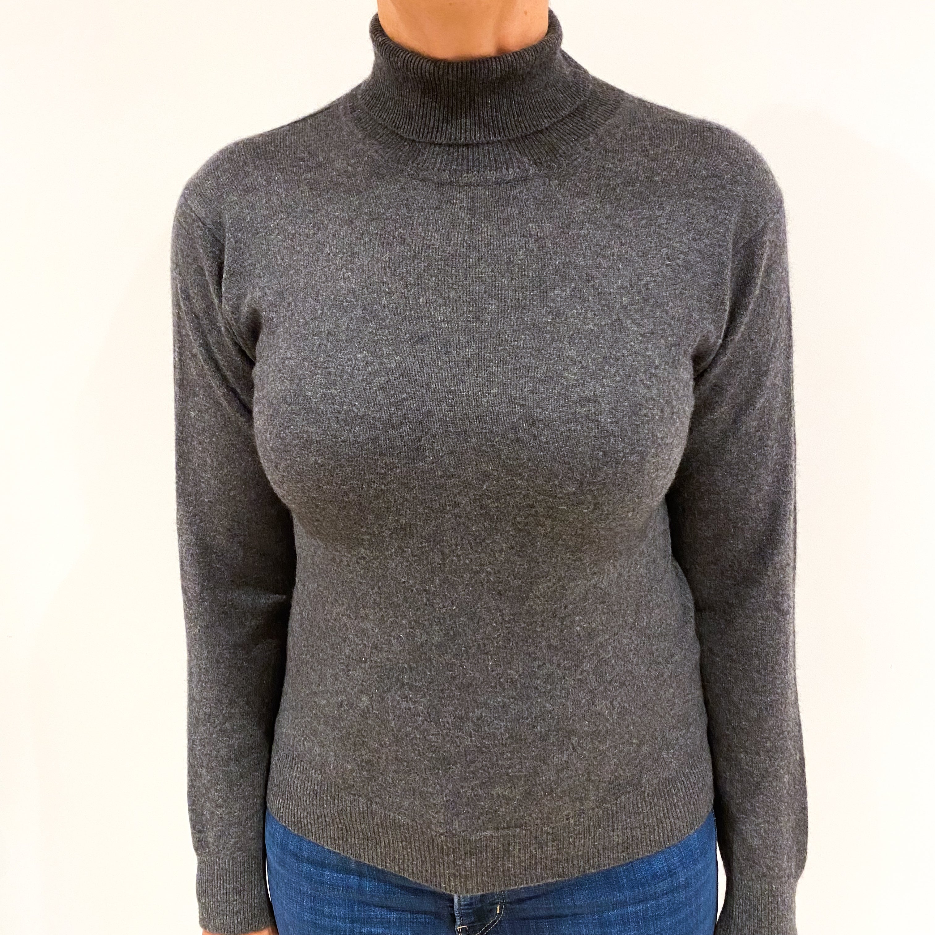 Charcoal Grey Cashmere Polo Neck Jumper Medium