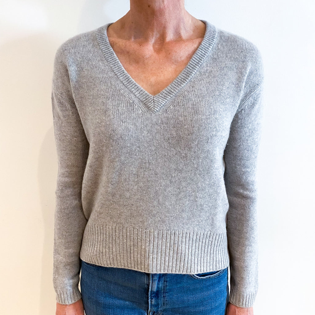 Smoke Grey Cashmere Neck Tie V Neck Jumper Small