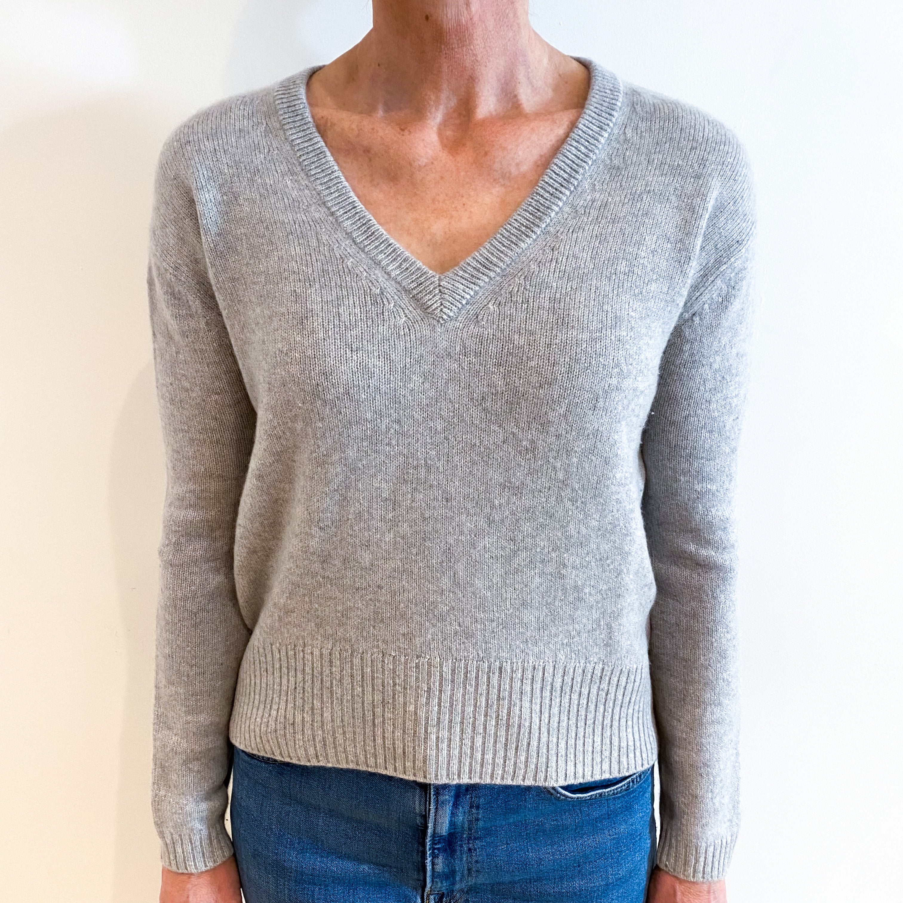 Smoke Grey Cashmere Neck Tie V Neck Jumper Small