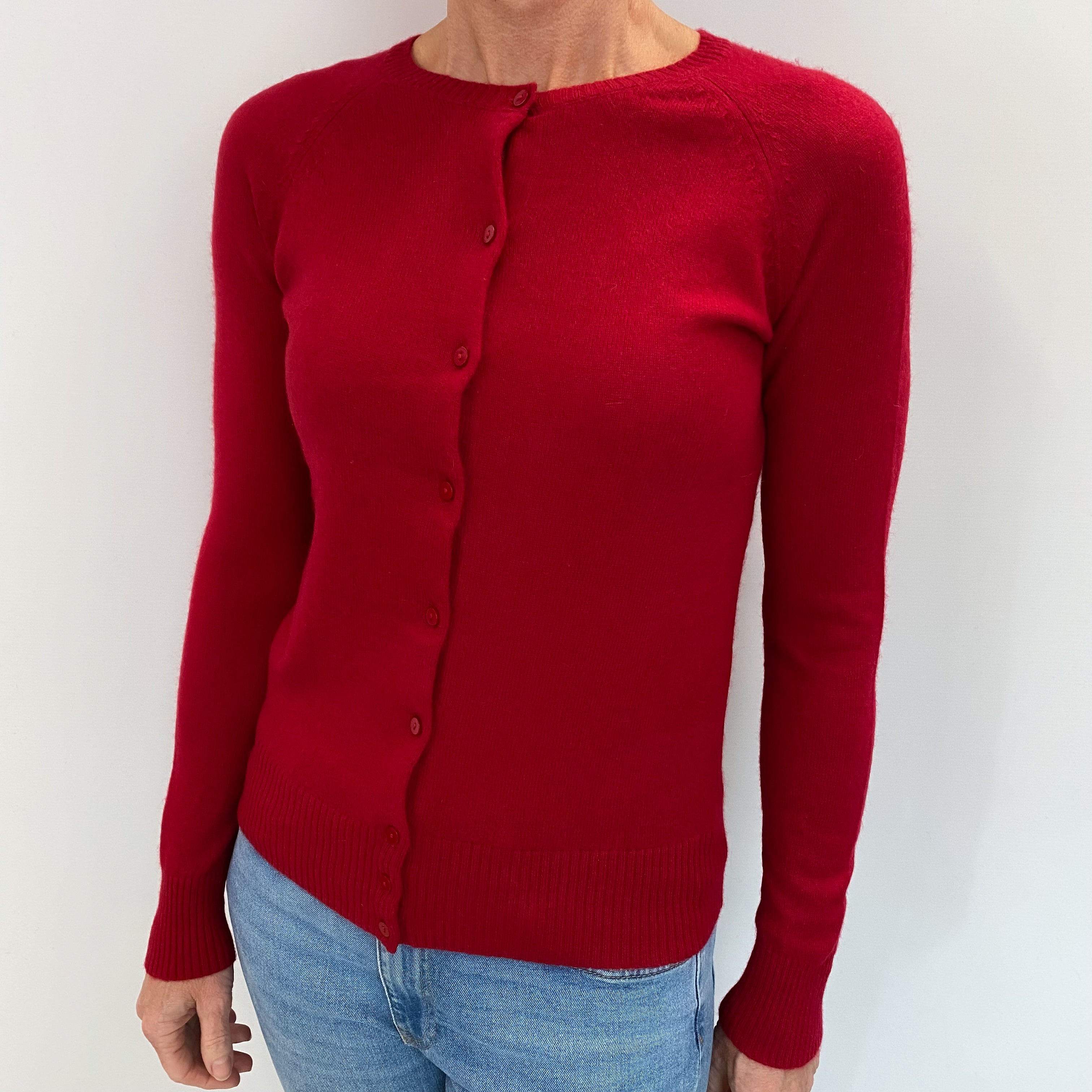 Post Box Red Cashmere Crew Neck Cardigan Small
