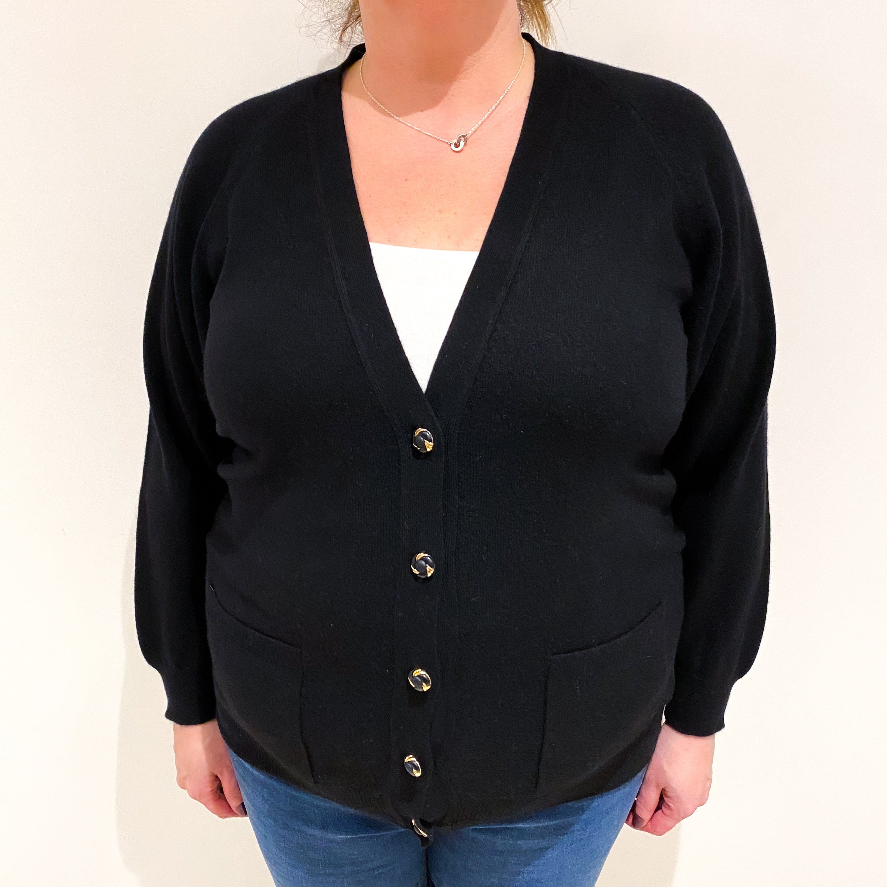 Black Cashmere V Neck Cardigan with Pockets Extra Large