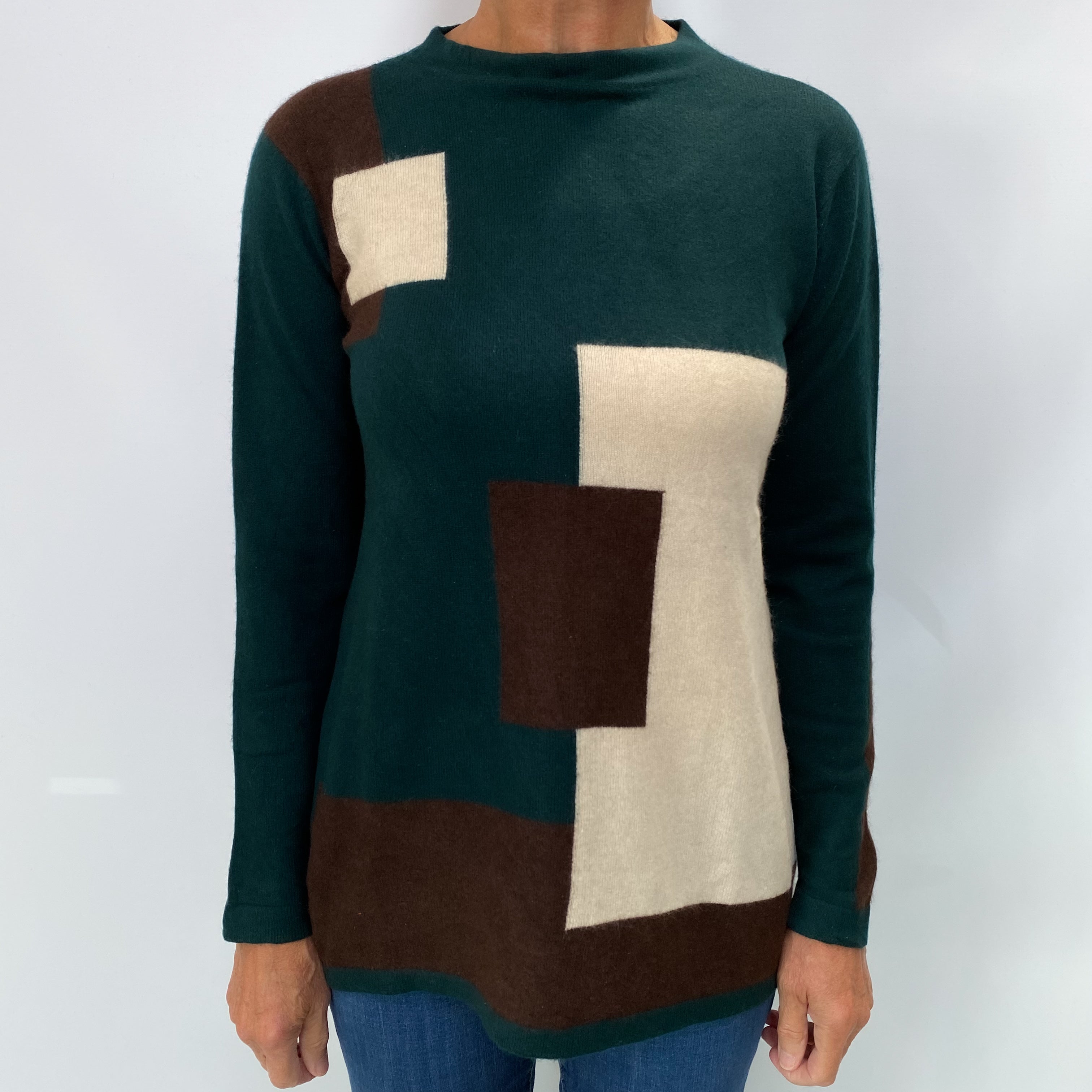 Green Brown Colour Block Cashmere Crew Neck Jumper Medium