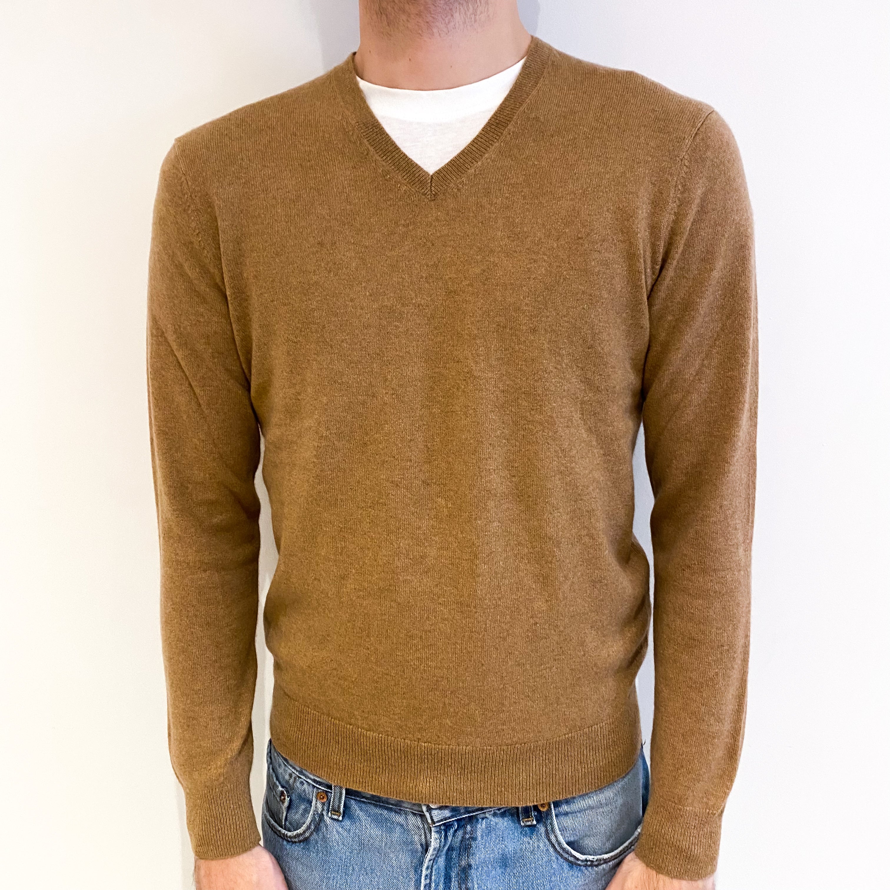 Men's Sand Beige Cashmere V Neck Jumper Medium