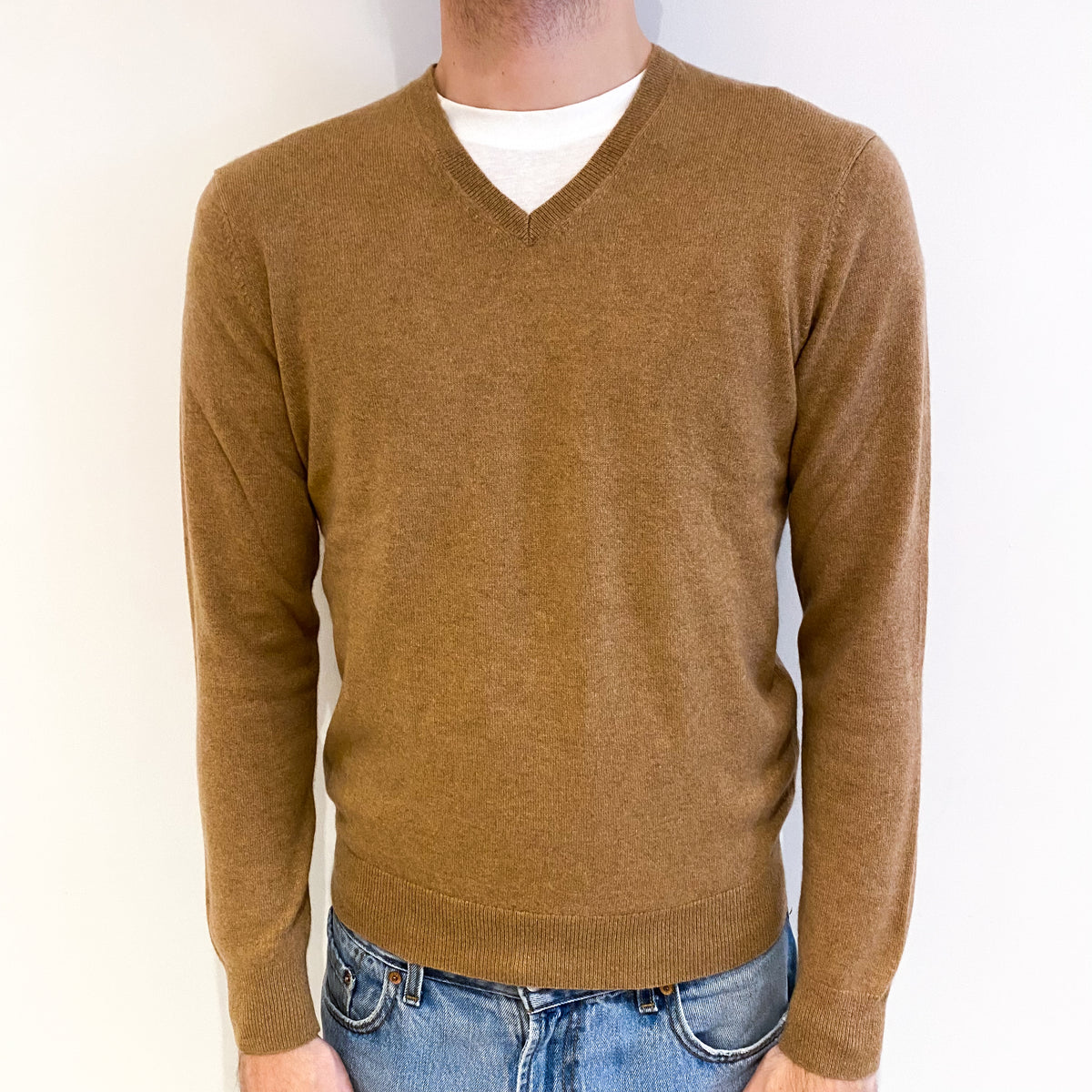 Men's Sand Beige Cashmere V Neck Jumper Medium