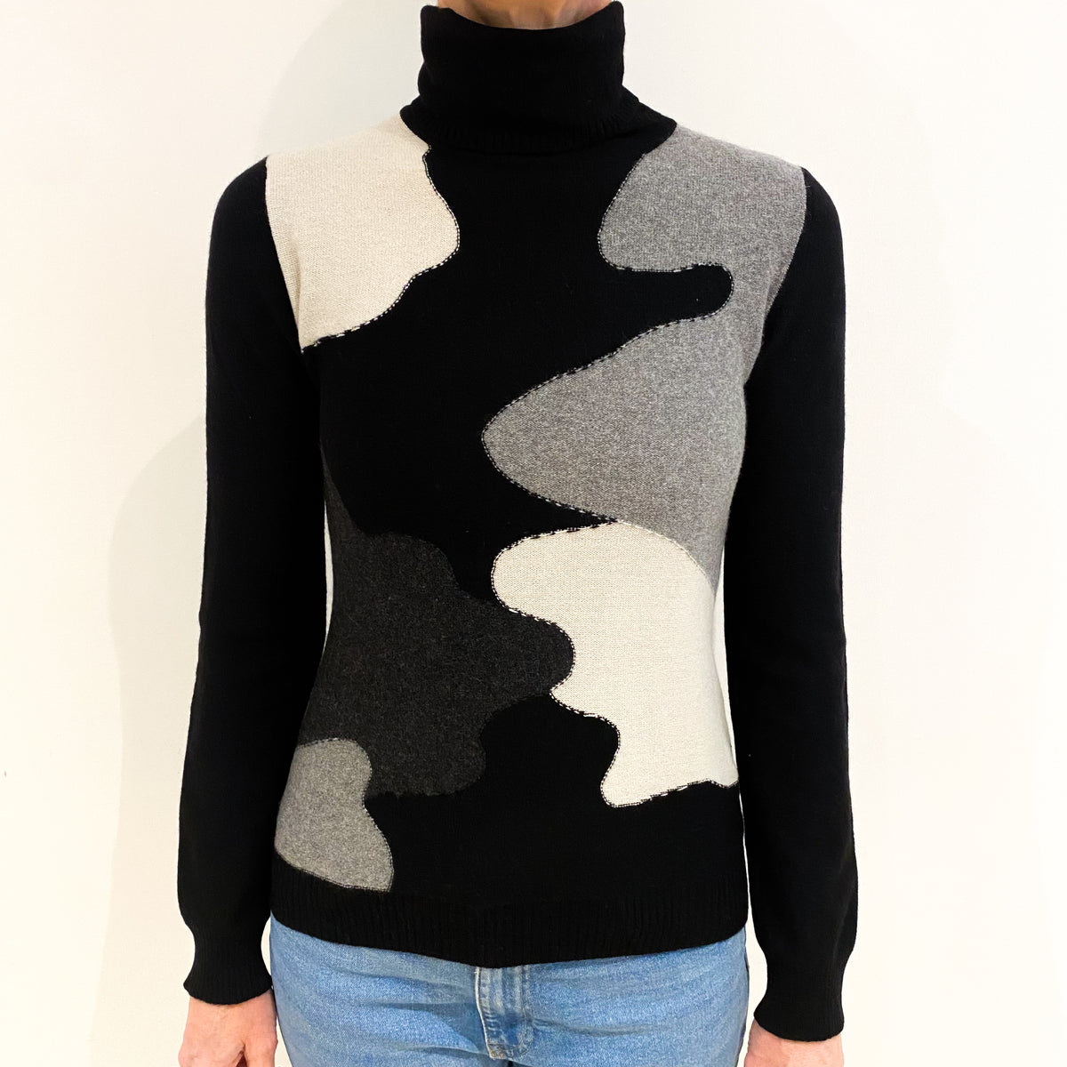 Black Colour Block Cashmere Polo Neck Jumper Small