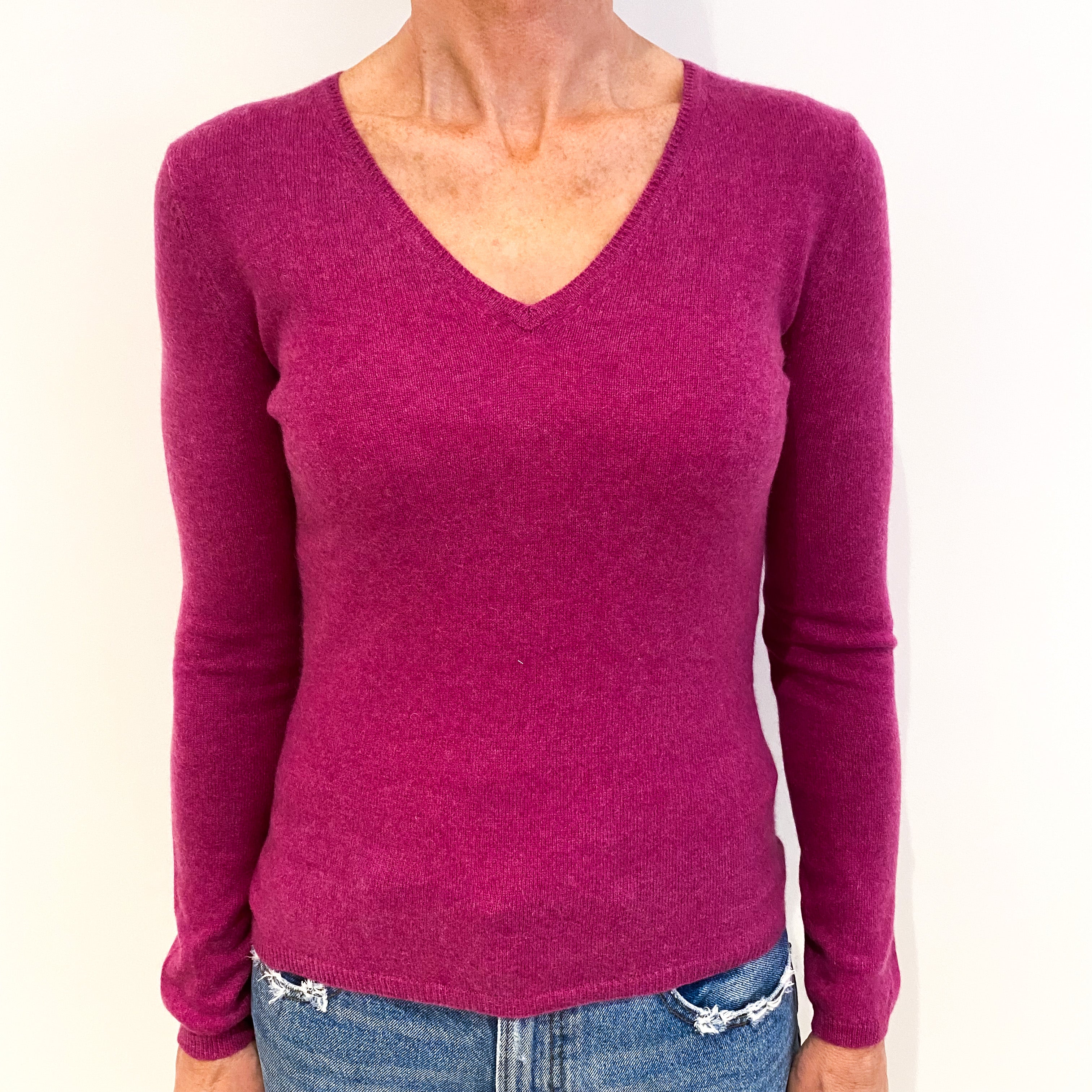 Raspberry Pink Cashmere V-Neck Jumper Small