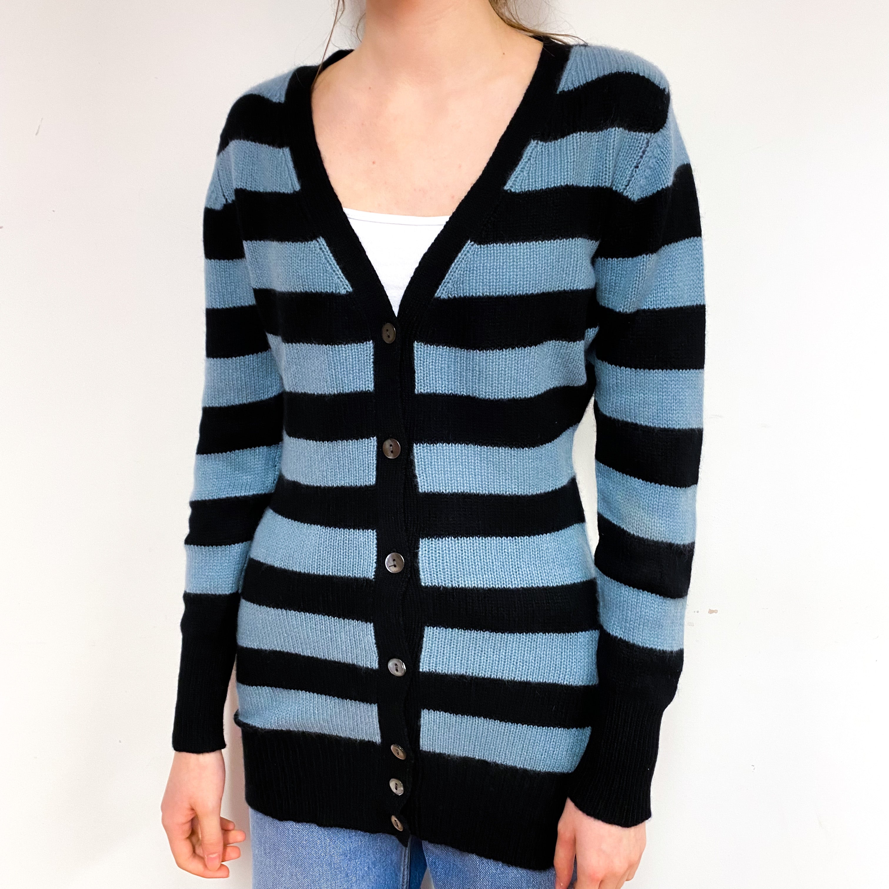 Blue Black Stripe Cashmere Longline V-Neck Cardigan Extra Small