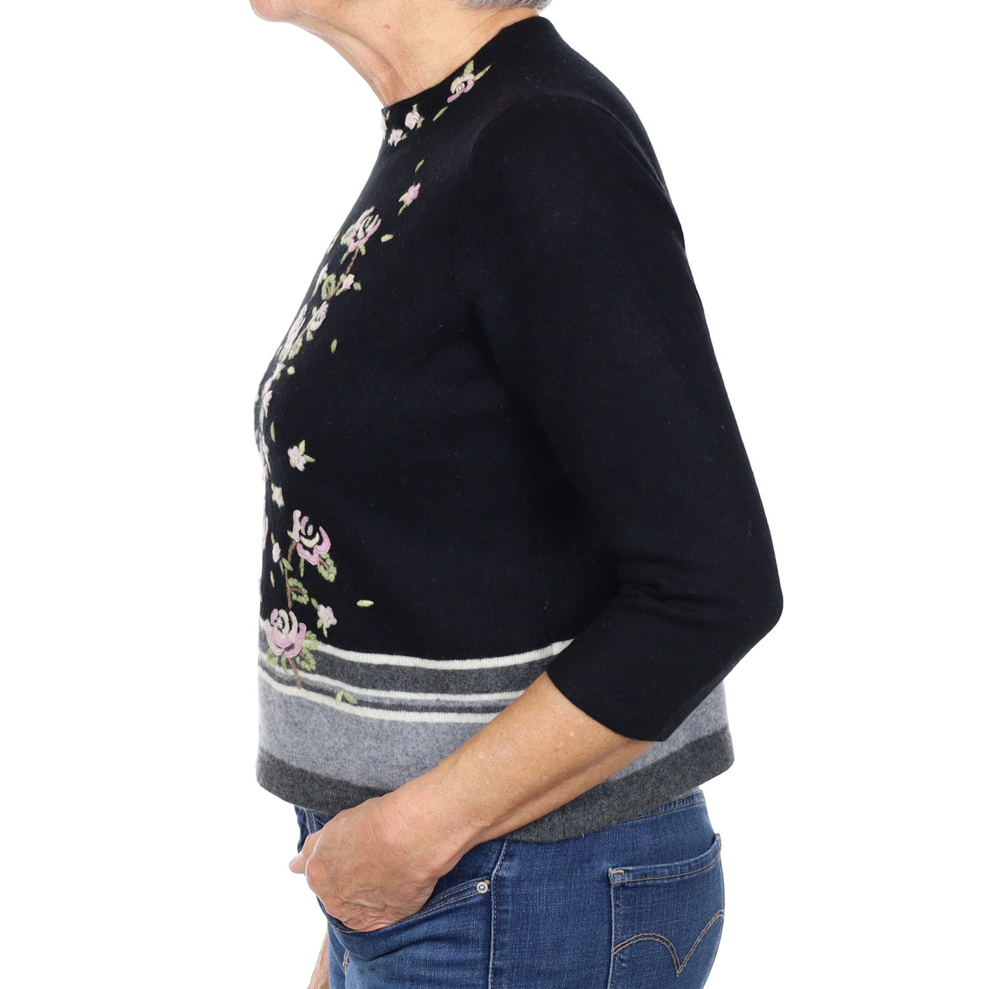 Black Floral Embroidered Cashmere Turtle Neck Jumper Medium