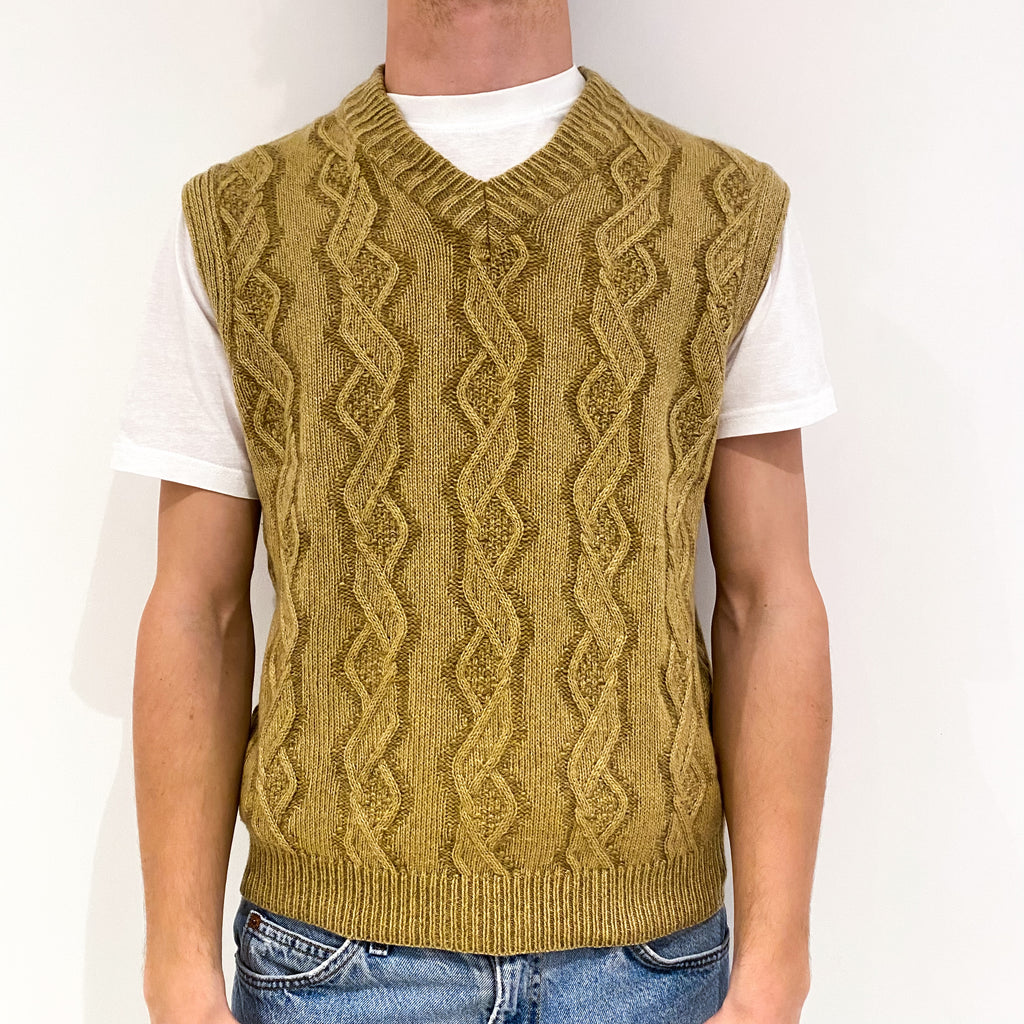 Men's Golden Brown Chunky Cable Cashmere V-Neck Jumper Vest Medium