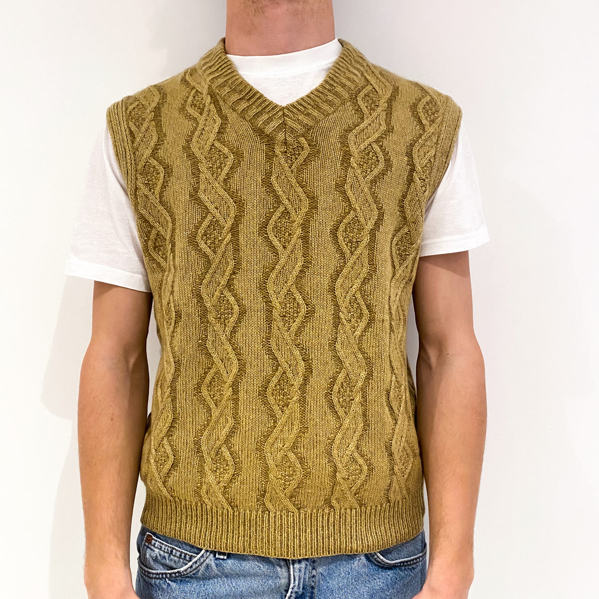 Men's Golden Brown Chunky Cable Cashmere V-Neck Jumper Vest Medium