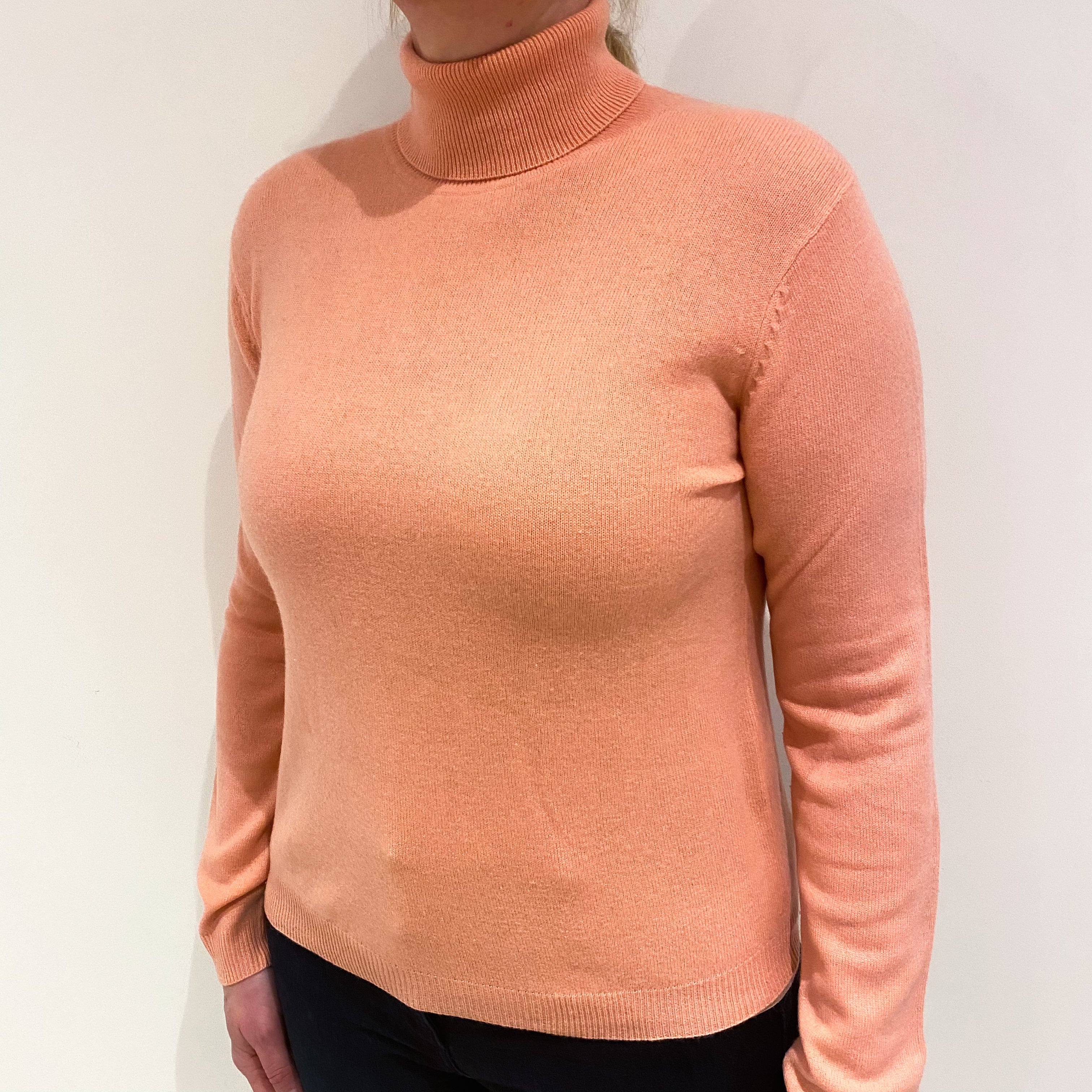 Pale Coral Pink Cashmere Polo Neck Jumper Large