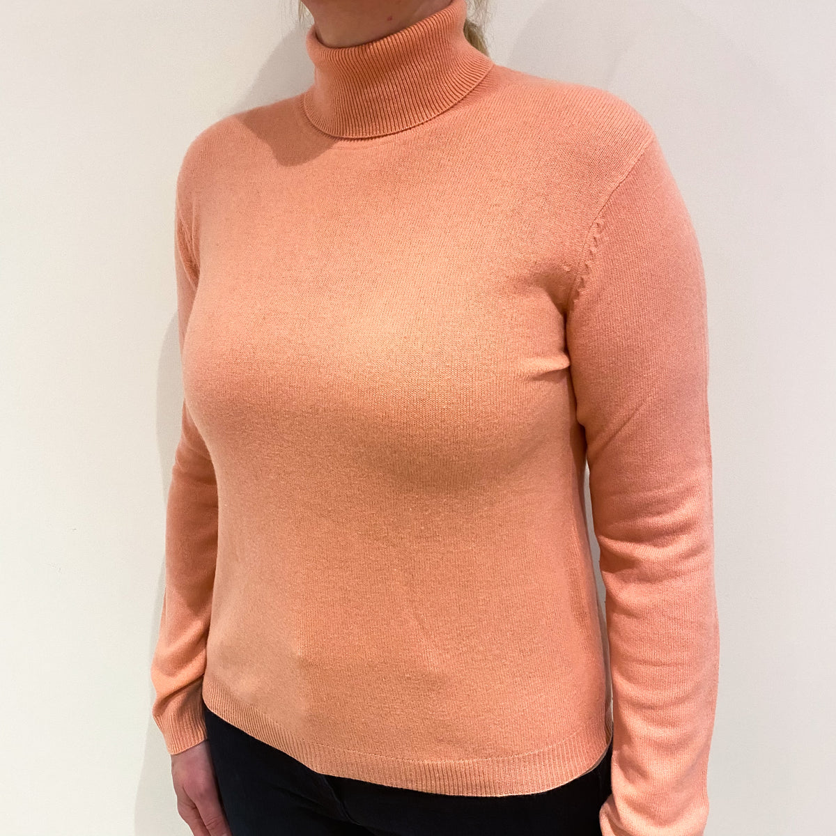 Pale Coral Pink Cashmere Polo Neck Jumper Large