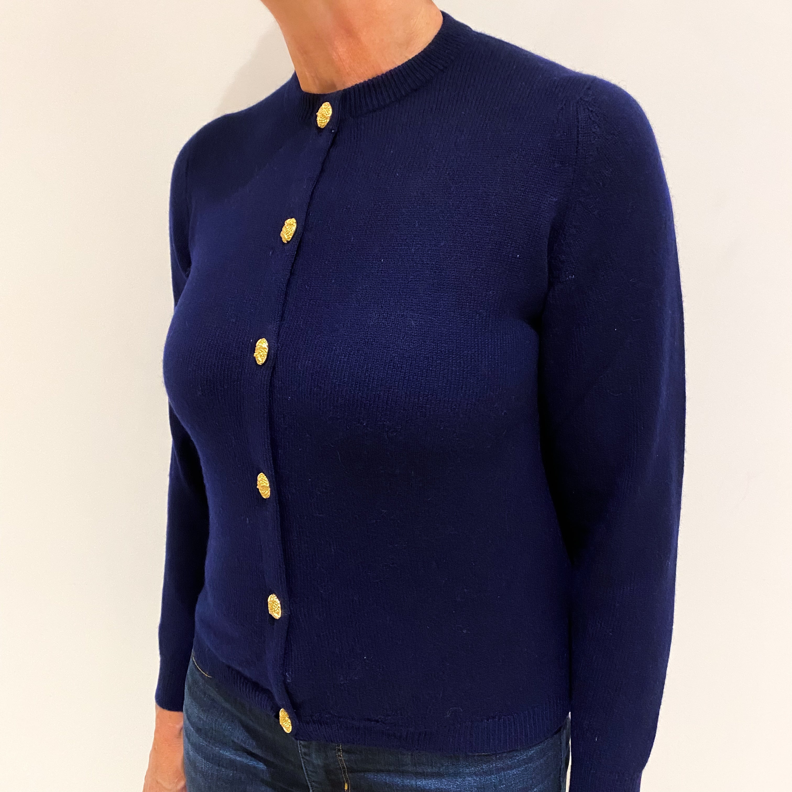 Navy Blue Cashmere Crew Neck Cardigan Medium