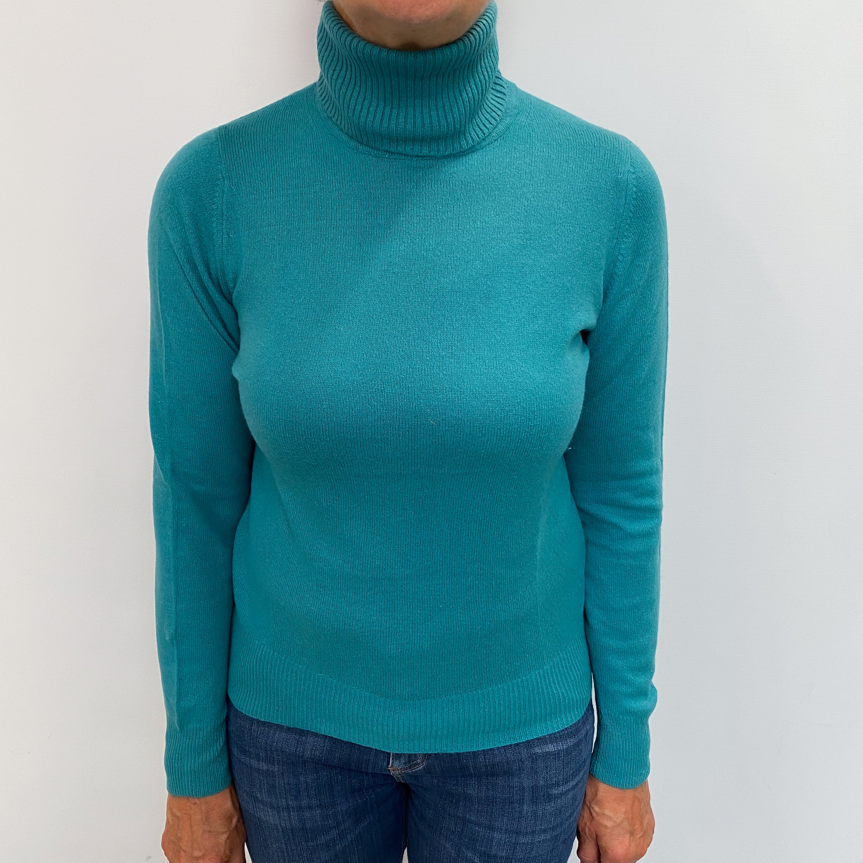 Cyan Blue Cashmere Polo Neck Jumper Medium