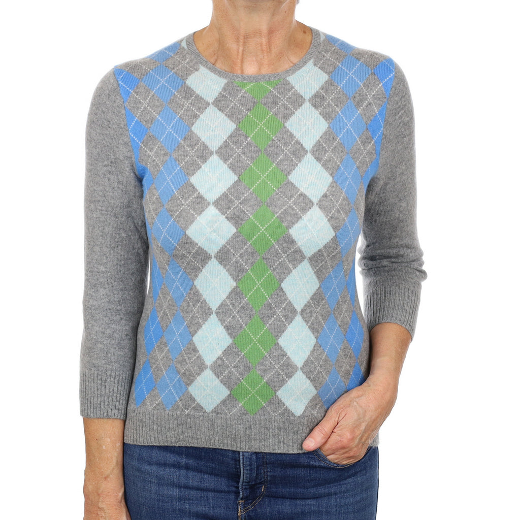 Grey Blue Argyle Cashmere Crew Neck Jumper Medium