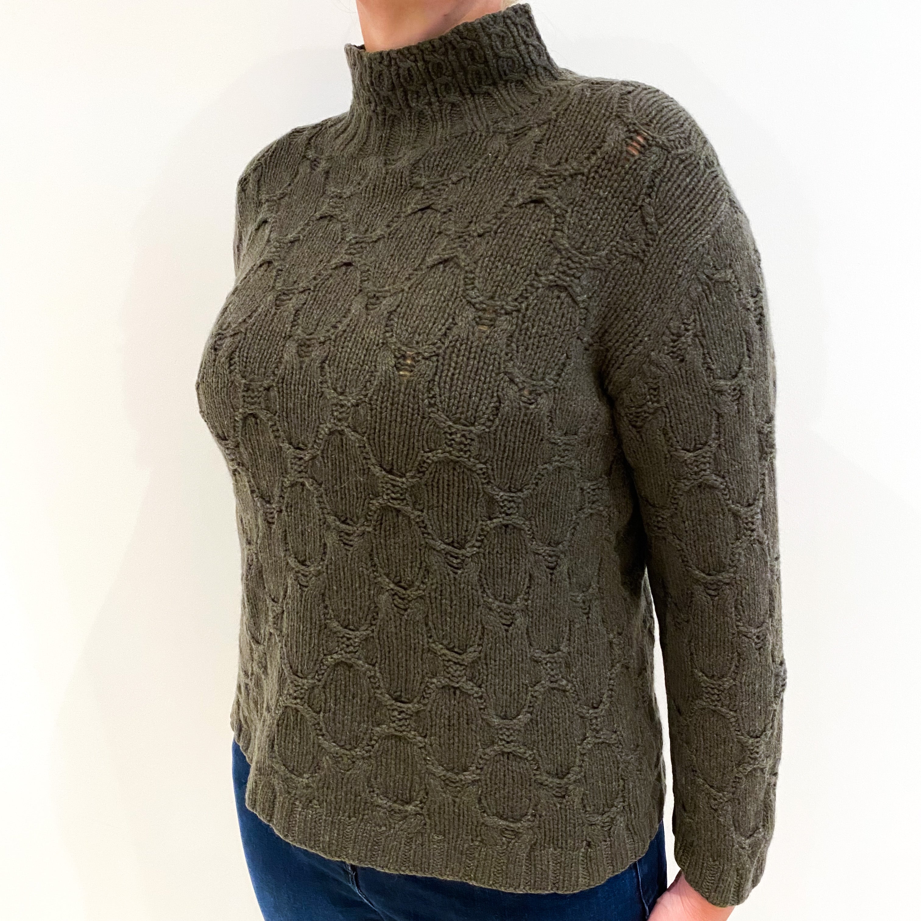 Moss Green Chunky Knit Detail Cashmere Polo Neck Jumper Large