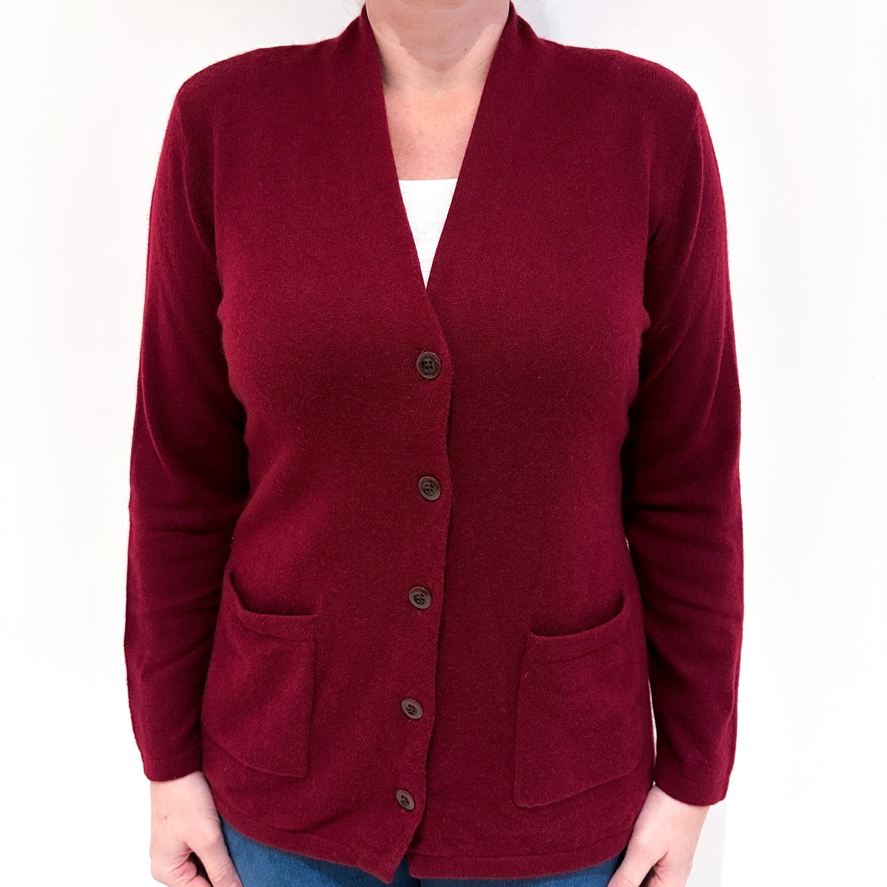 Burgundy Red Cashmere V Neck Cardigan with Pockets Large