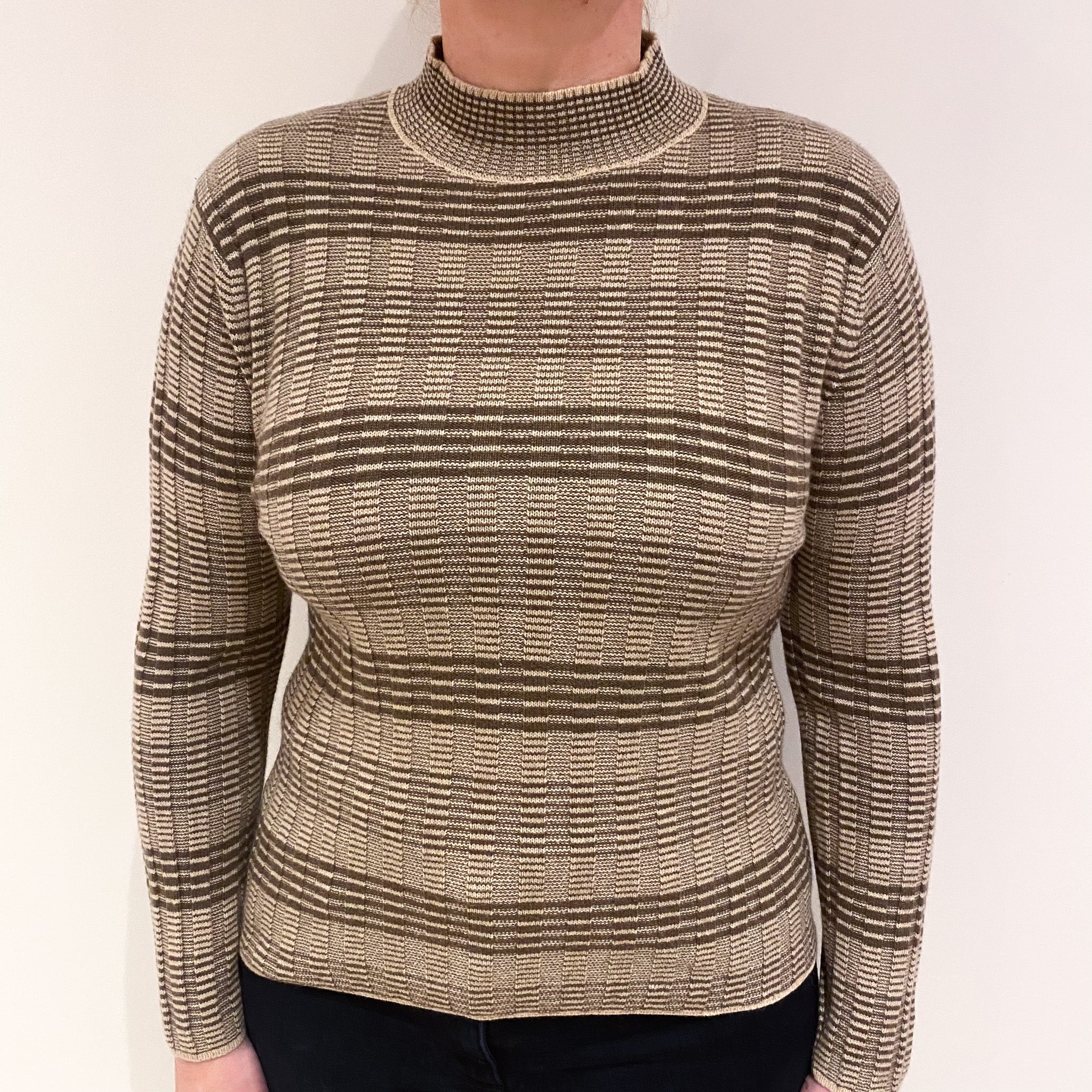 Mocha and Sand Striped Cashmere Turtle Neck Jumper Large