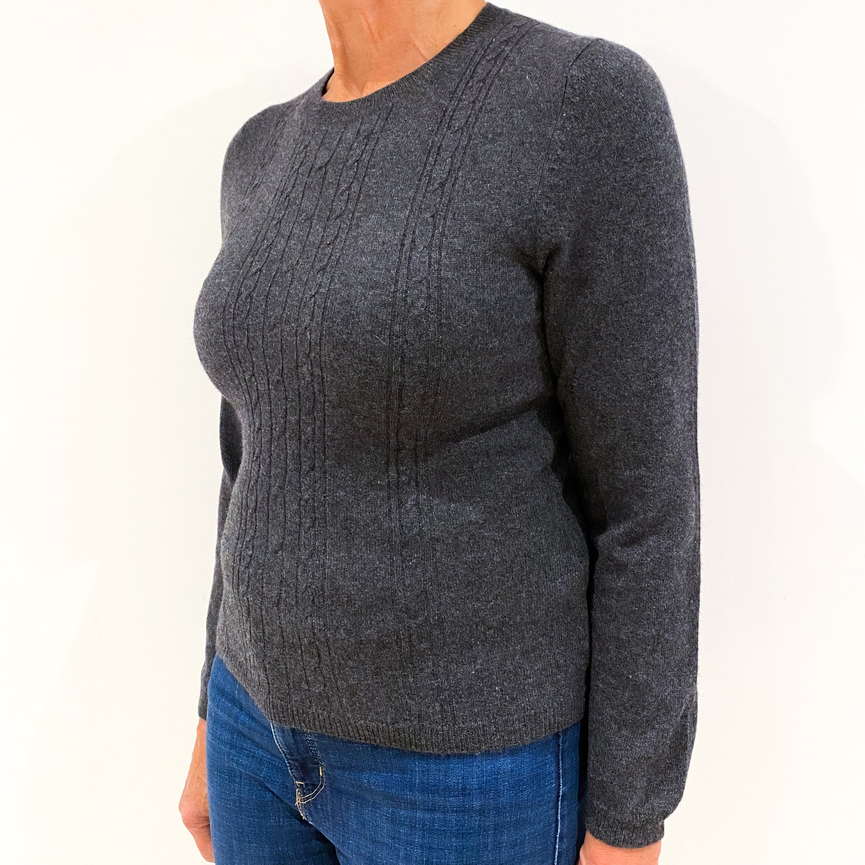 Slate Grey Cable Front Cashmere Crew Neck Jumper Medium