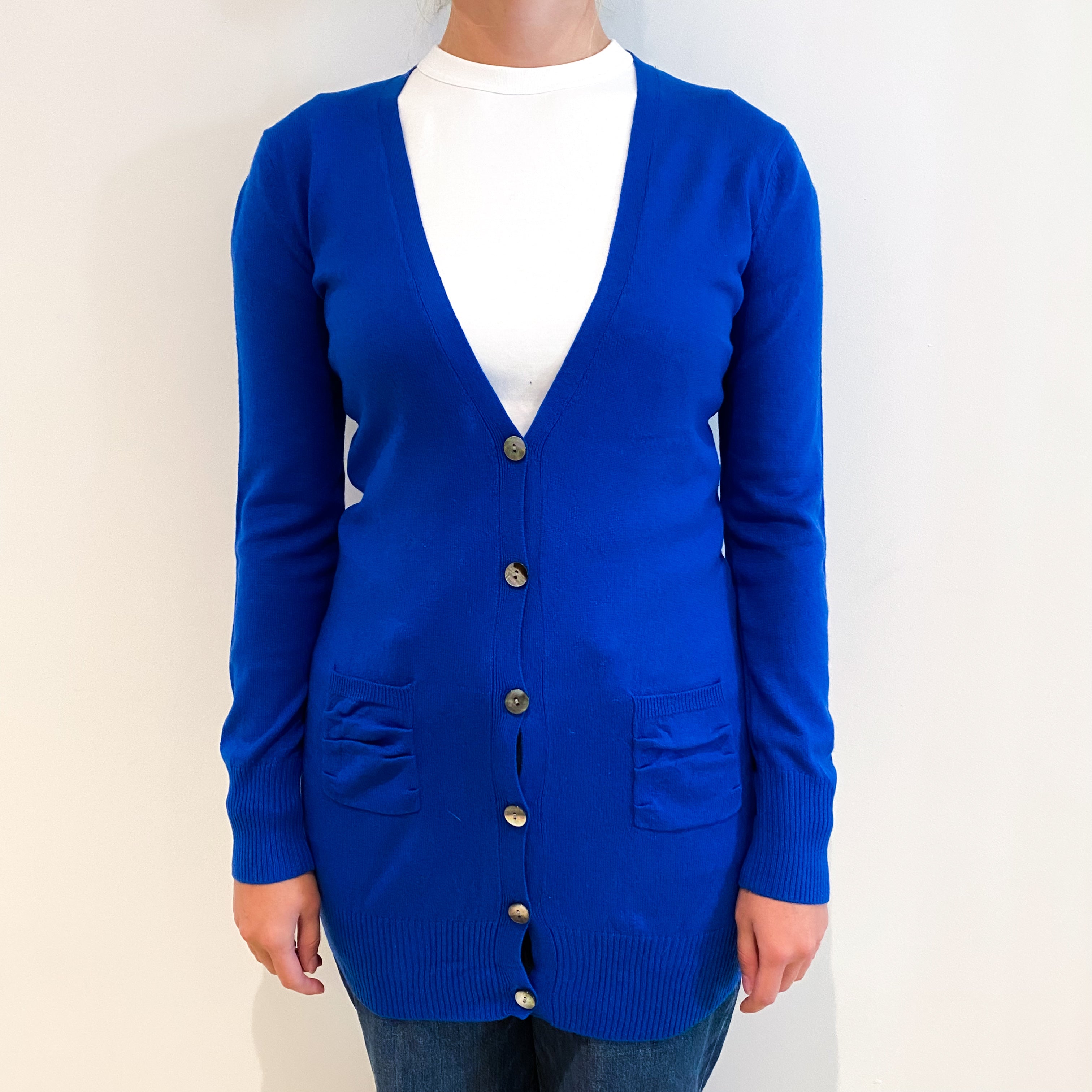 True Blue Cashmere Long Cardigan Jumper with Pockets Small