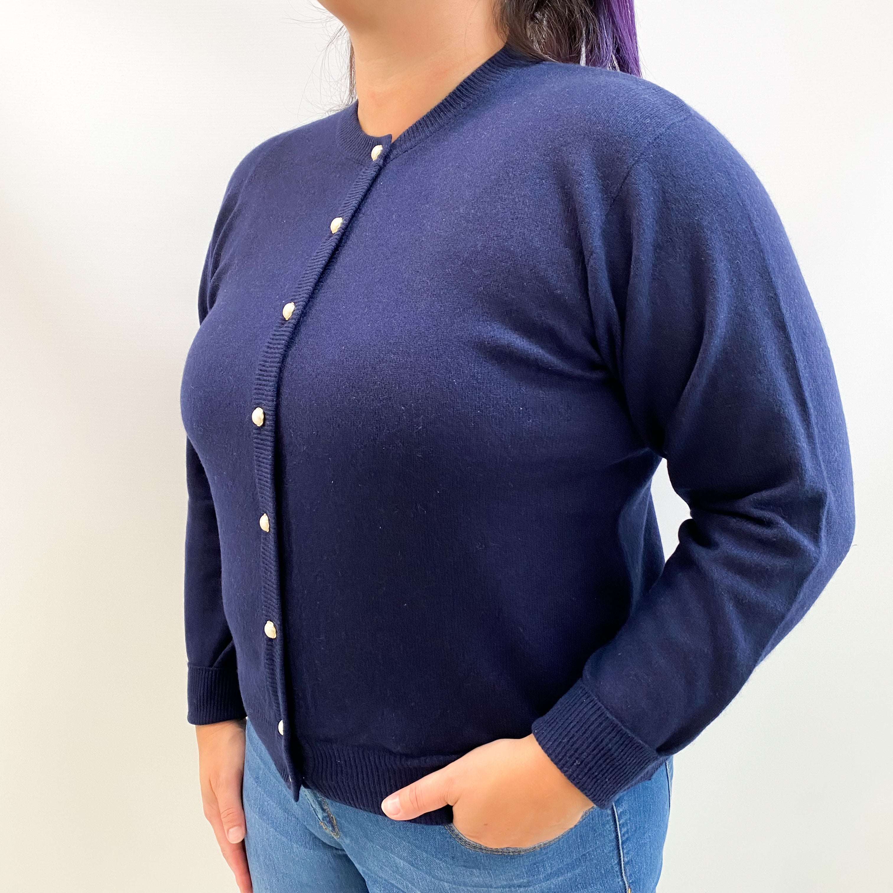 Navy Blue Cashmere Crew Neck Cardigan Large