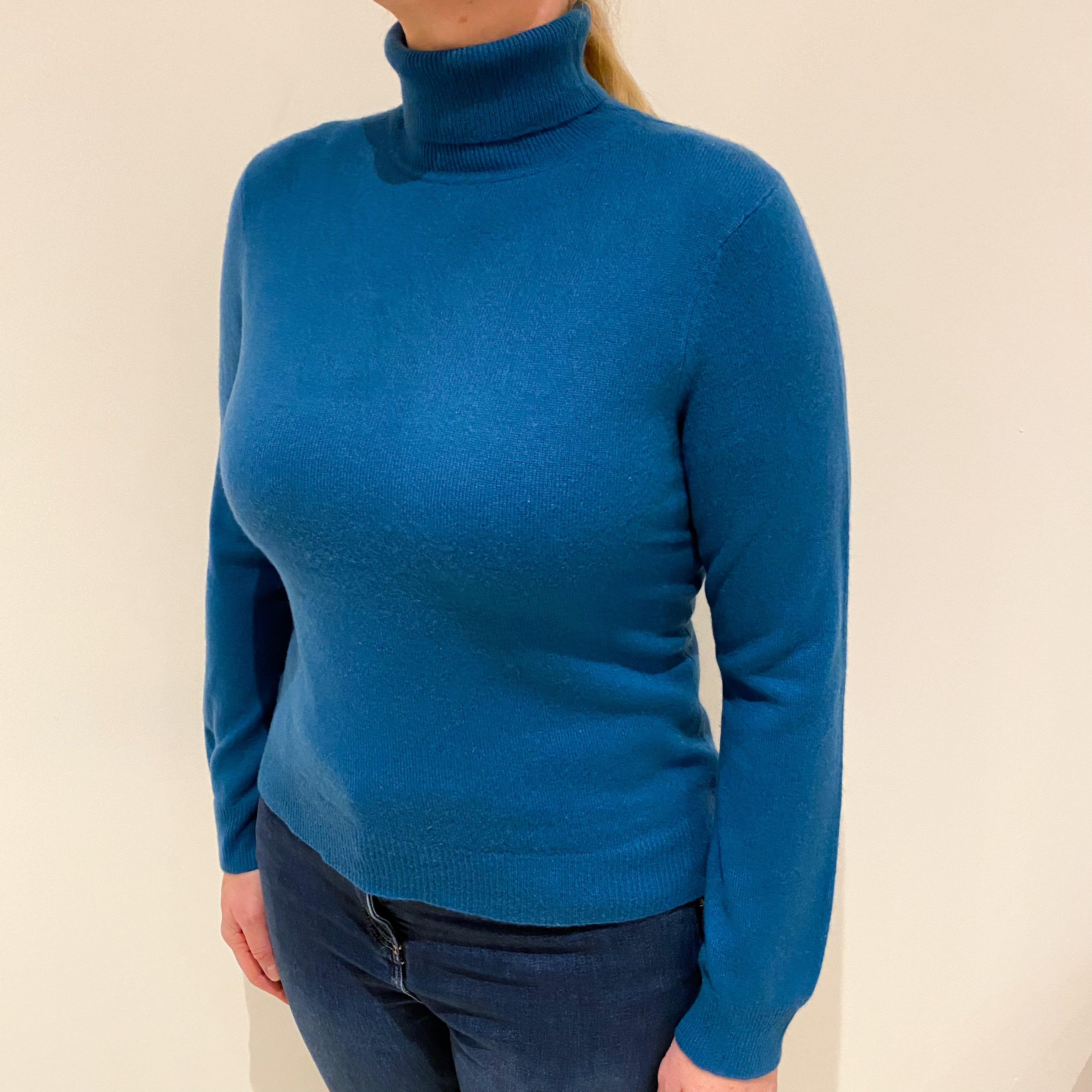 Teal Blue Cashmere Polo Neck Jumper Large.