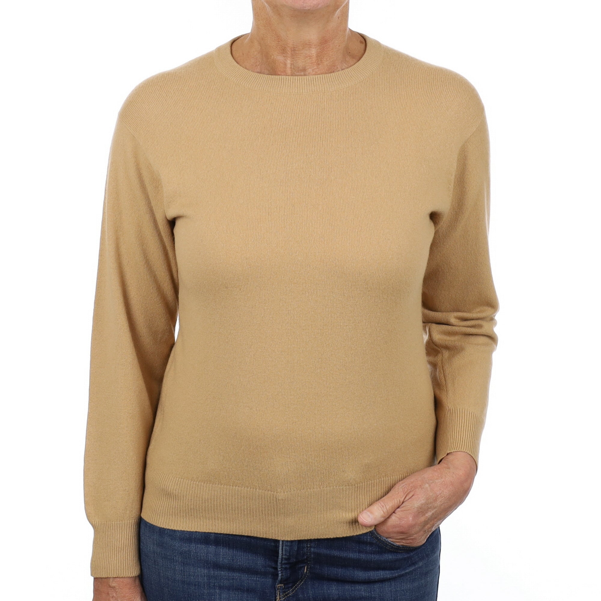 Camel Brown Cashmere Crew Neck Jumper Medium