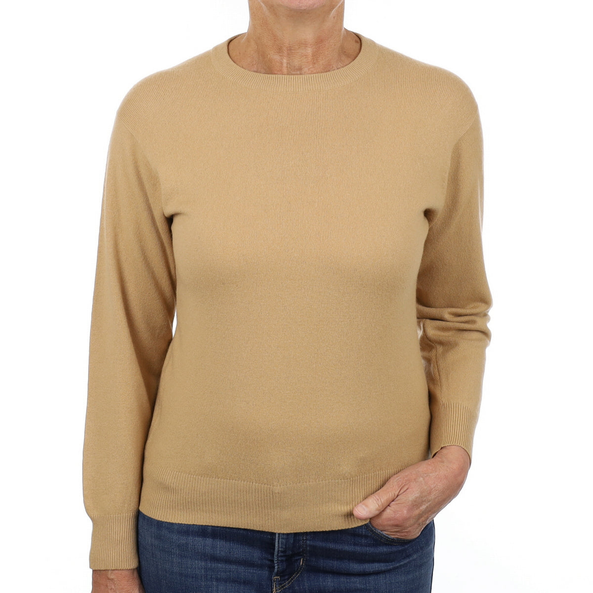 Camel Brown Cashmere Crew Neck Jumper Medium