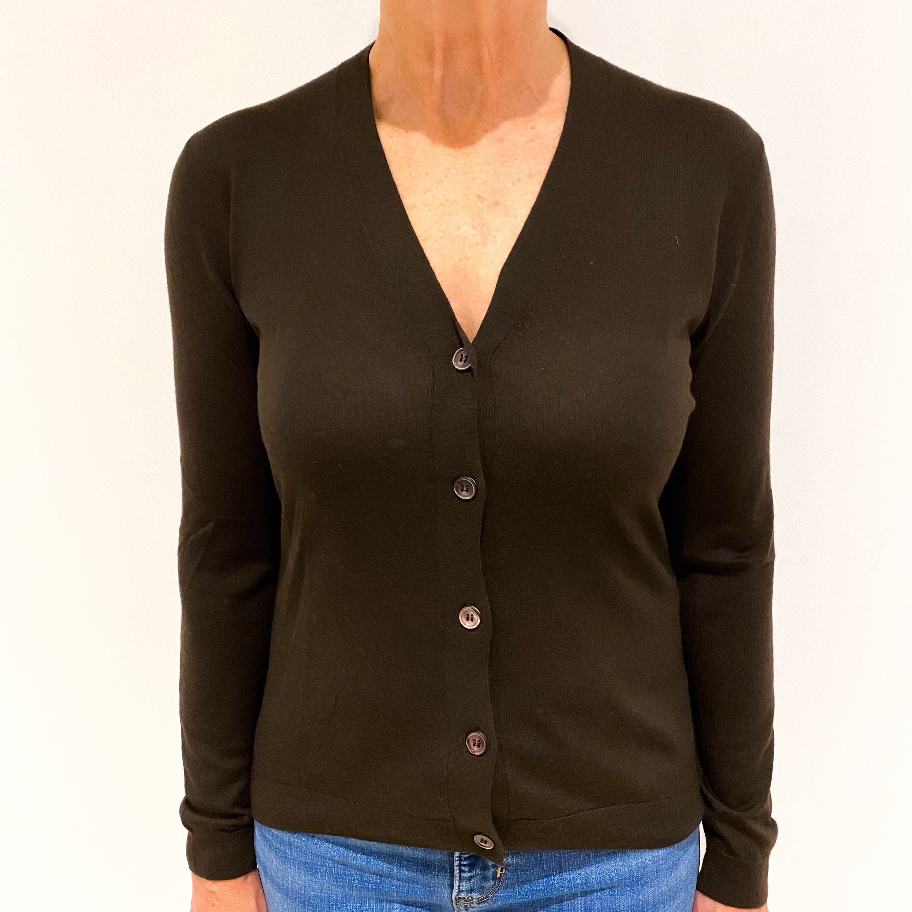 Chocolate Brown Fine Knit Cashmere V Neck Cardigan Medium