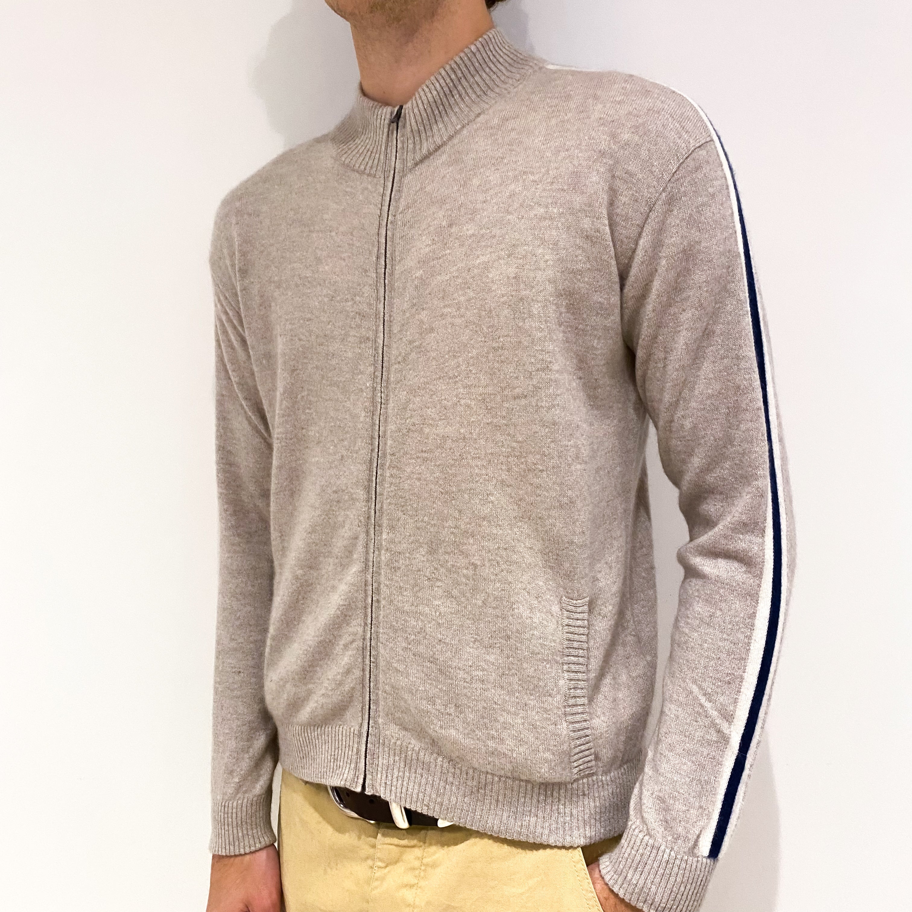 Men's Kujten Fawn Brown Cashmere Zip Up Cardigan Large