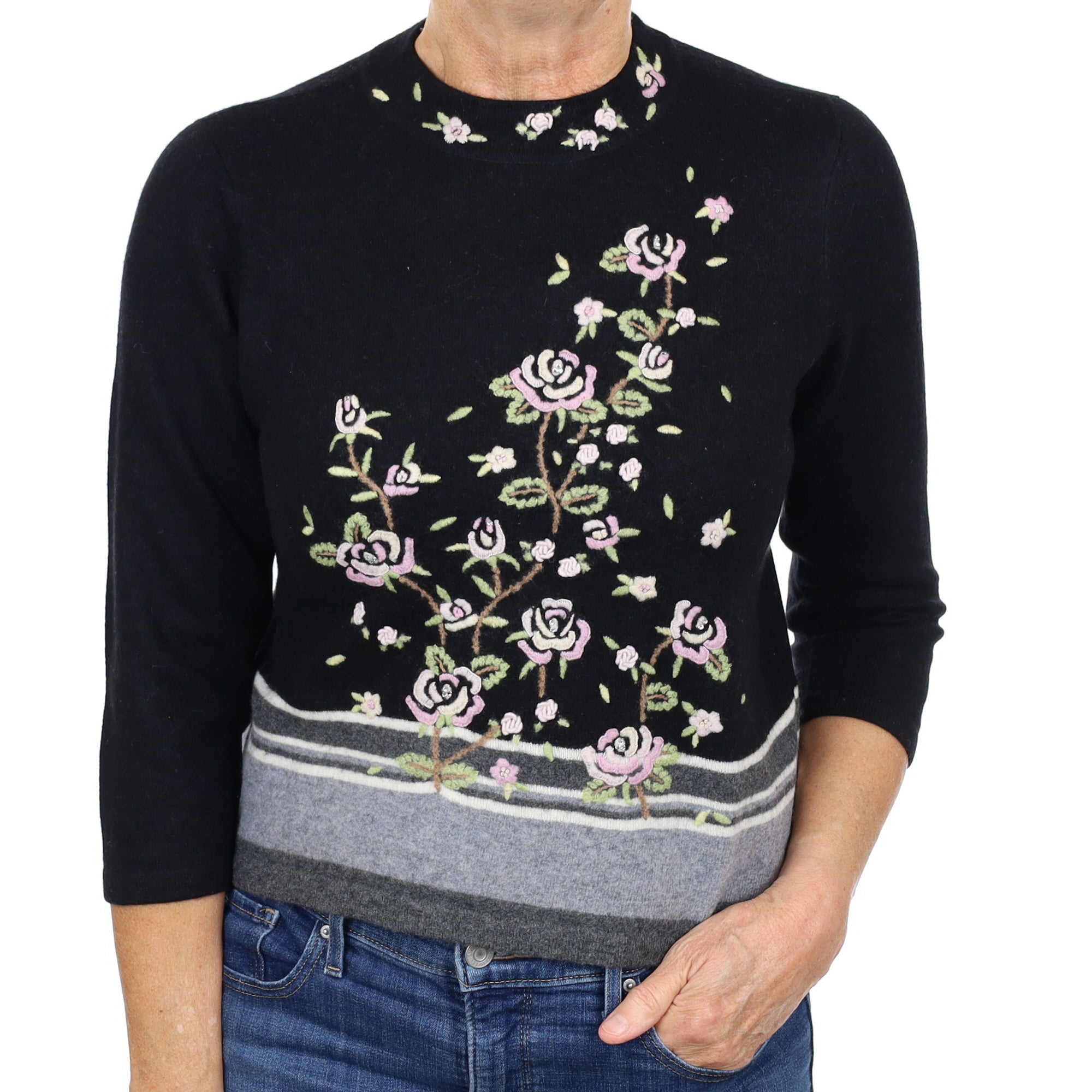 Black Floral Embroidered Cashmere Turtle Neck Jumper Medium