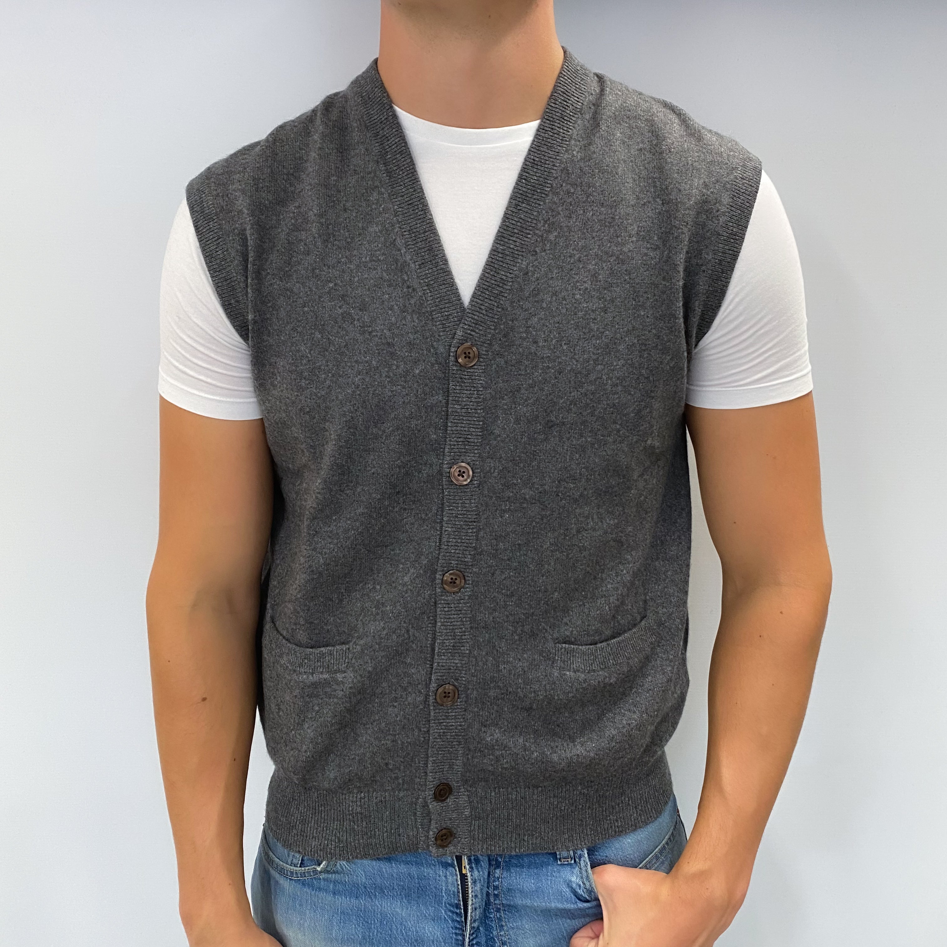 Men's Slate Grey Cashmere V Neck Sleeveless Cardigan XL