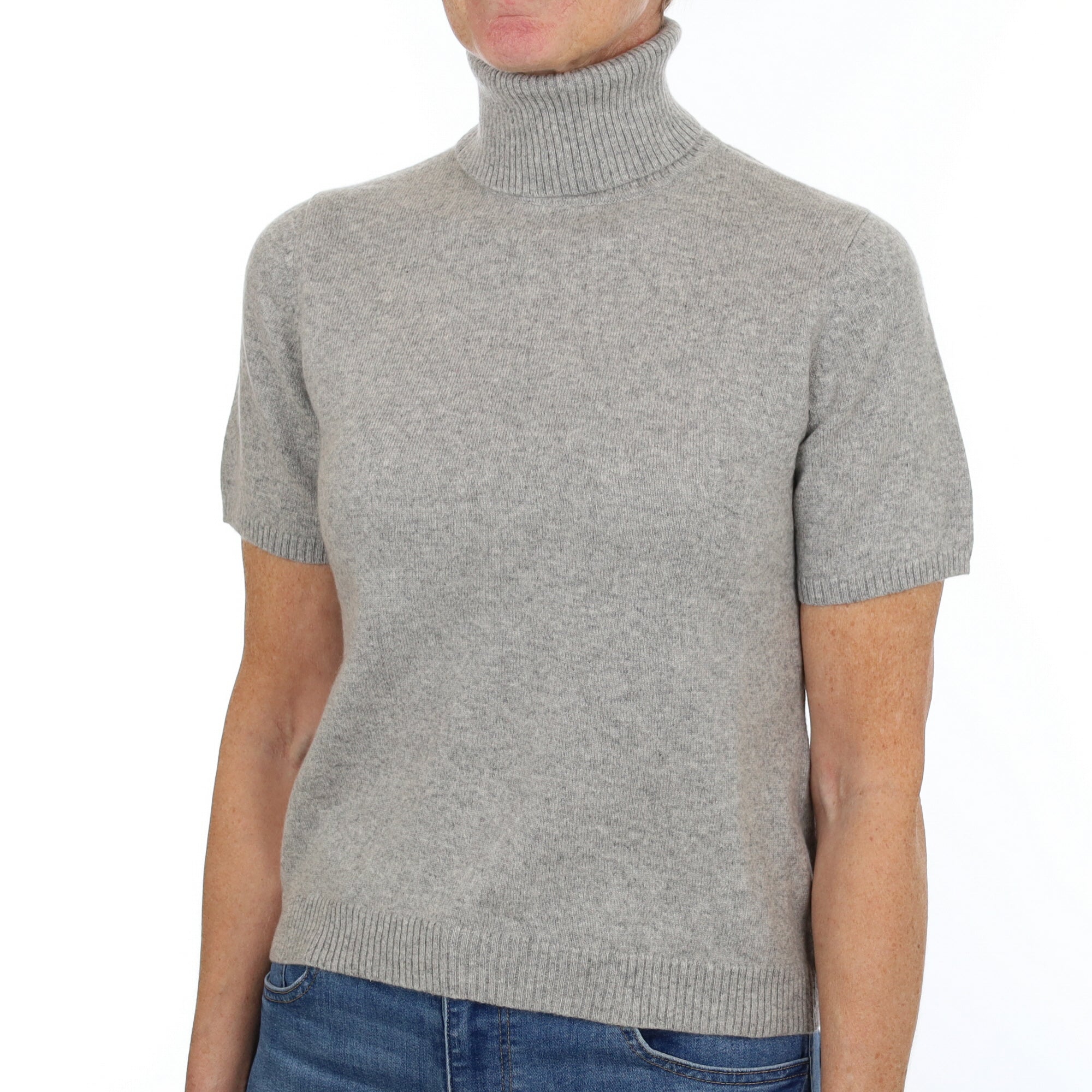 Smoke Grey Cashmere Polo Neck Short Sleeved Jumper Small