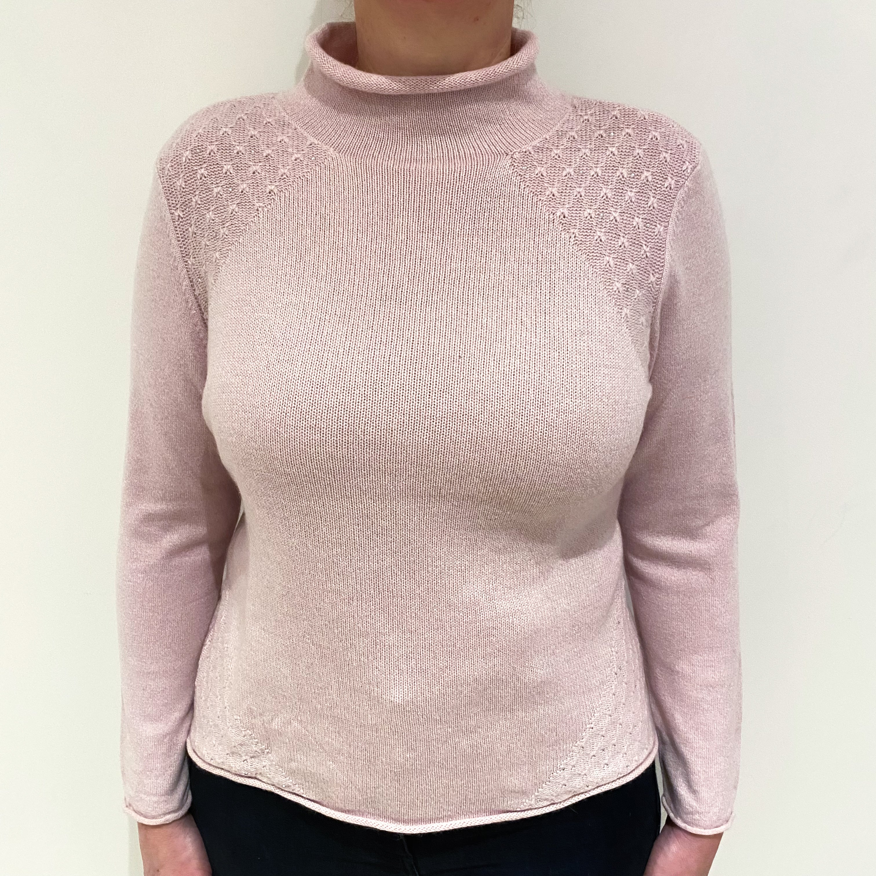 Pale Pink Diamanté Cashmere Funnel Neck Jumper Large