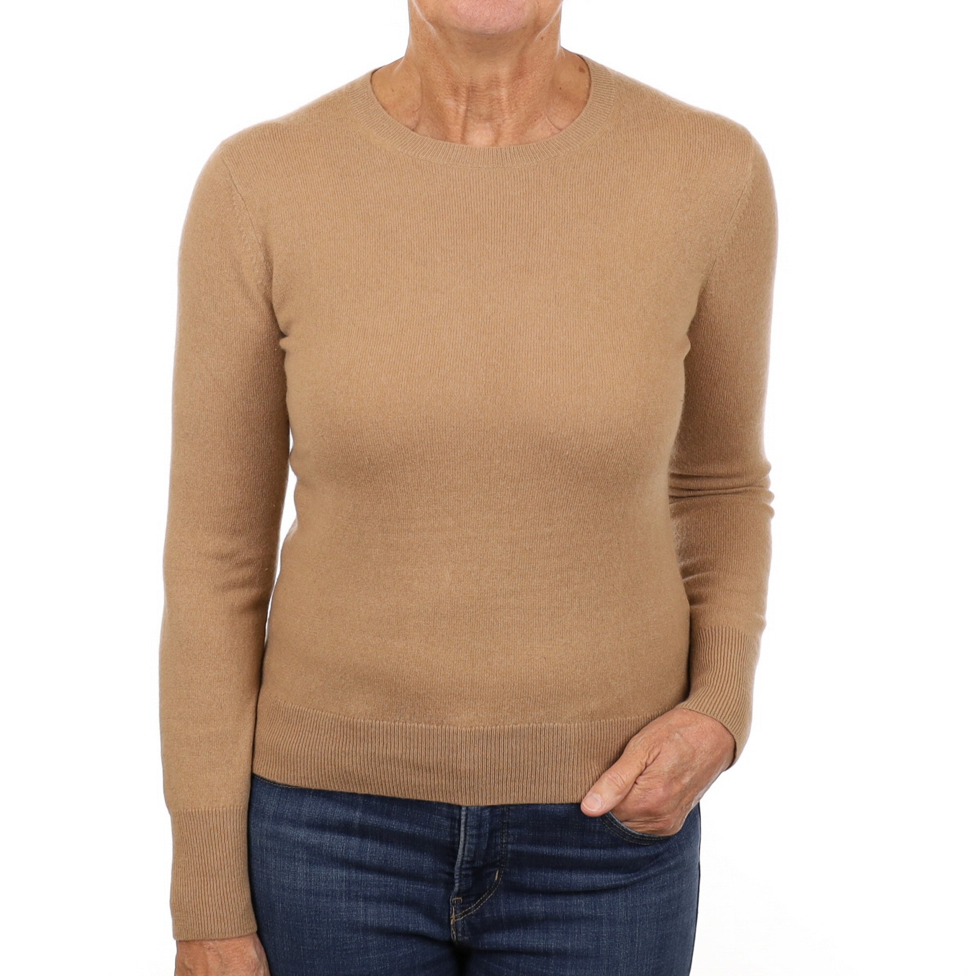 Camel Brown Cashmere Crew Neck Jumper Medium